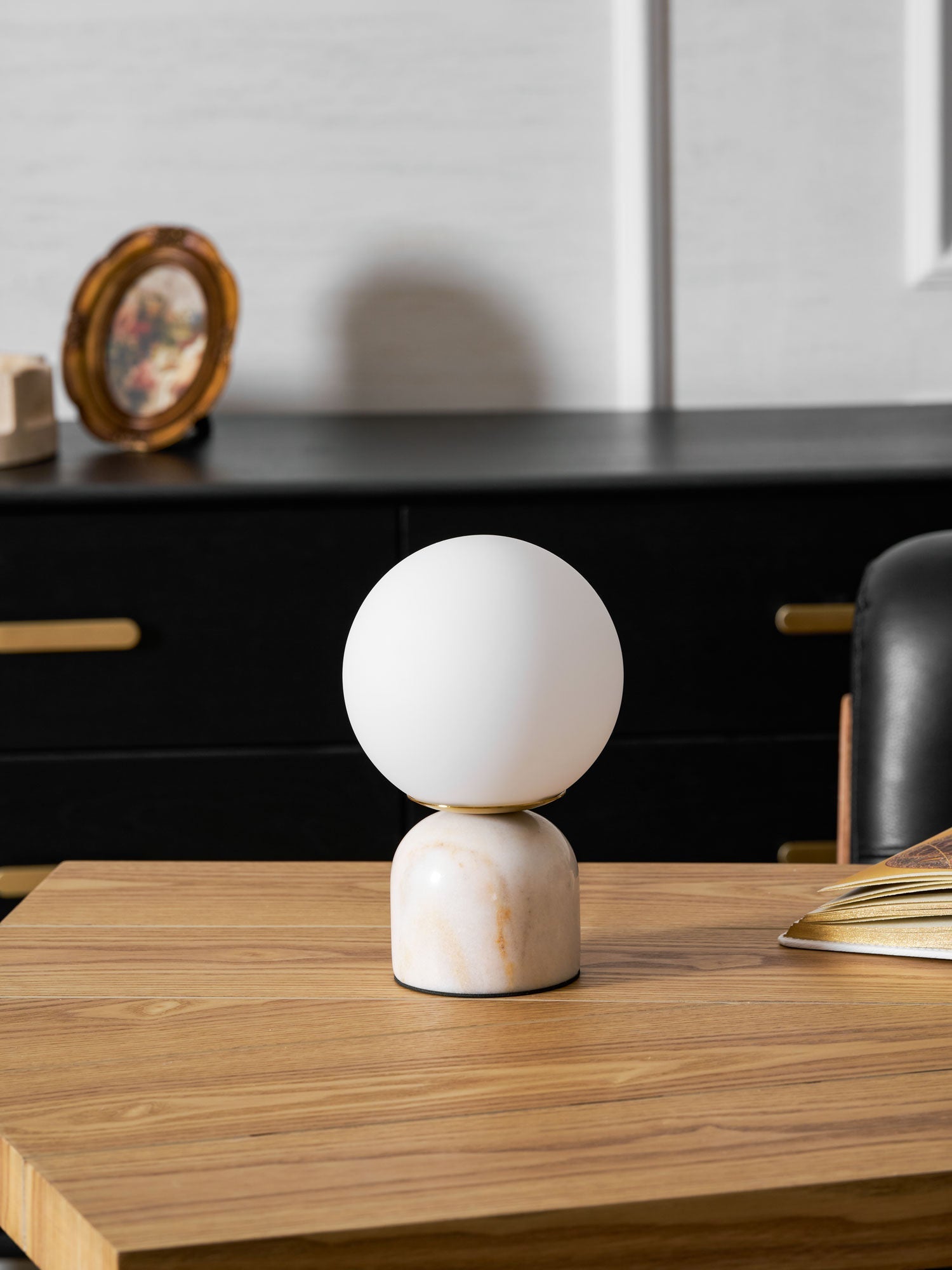 Table Lamp, Sylas Marble Base, White Glass Orb, E26/E27 Plug-In
