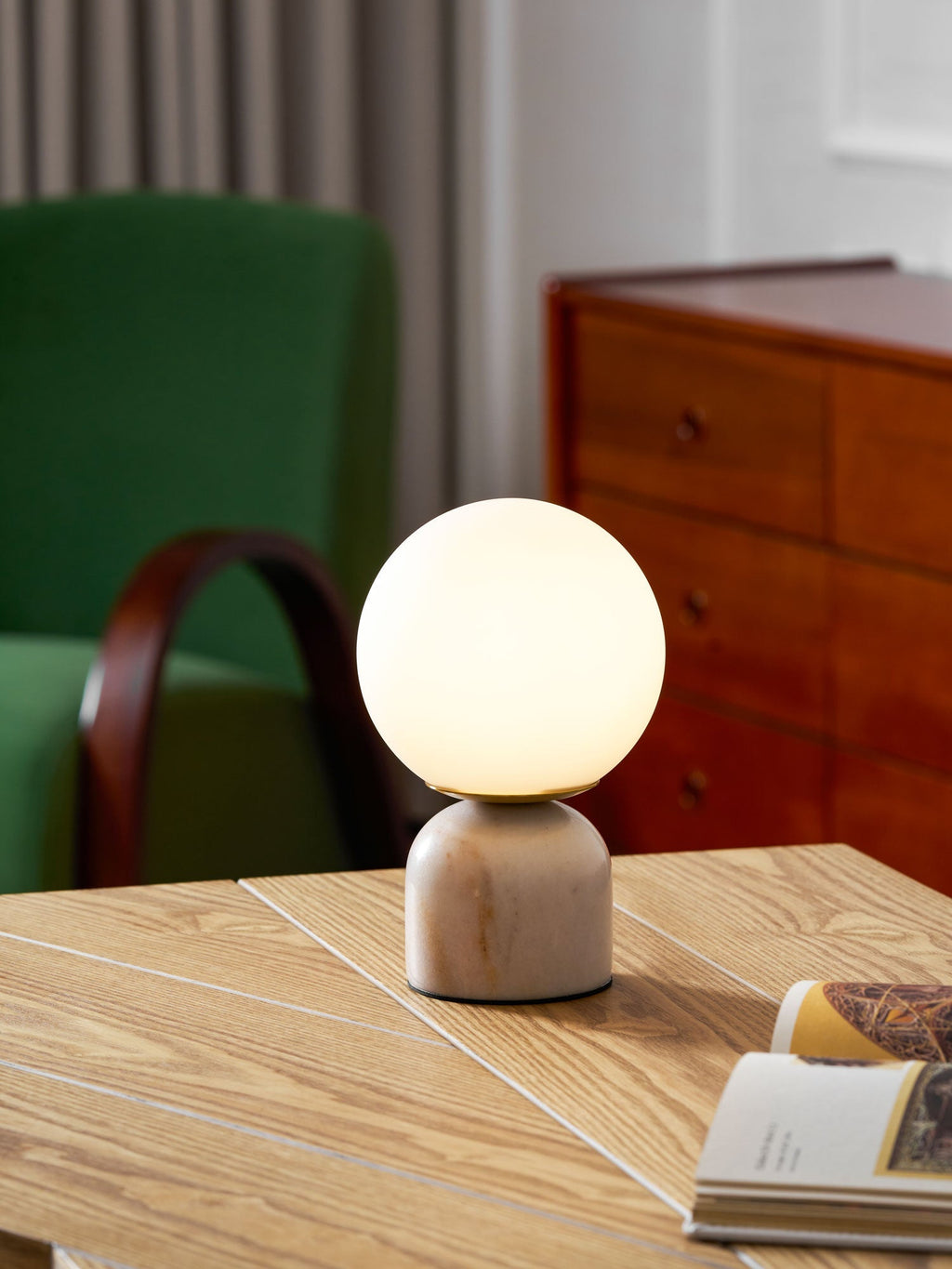 Table Lamp, Sylas Marble Base, White Glass Orb, E26/E27 Plug-In