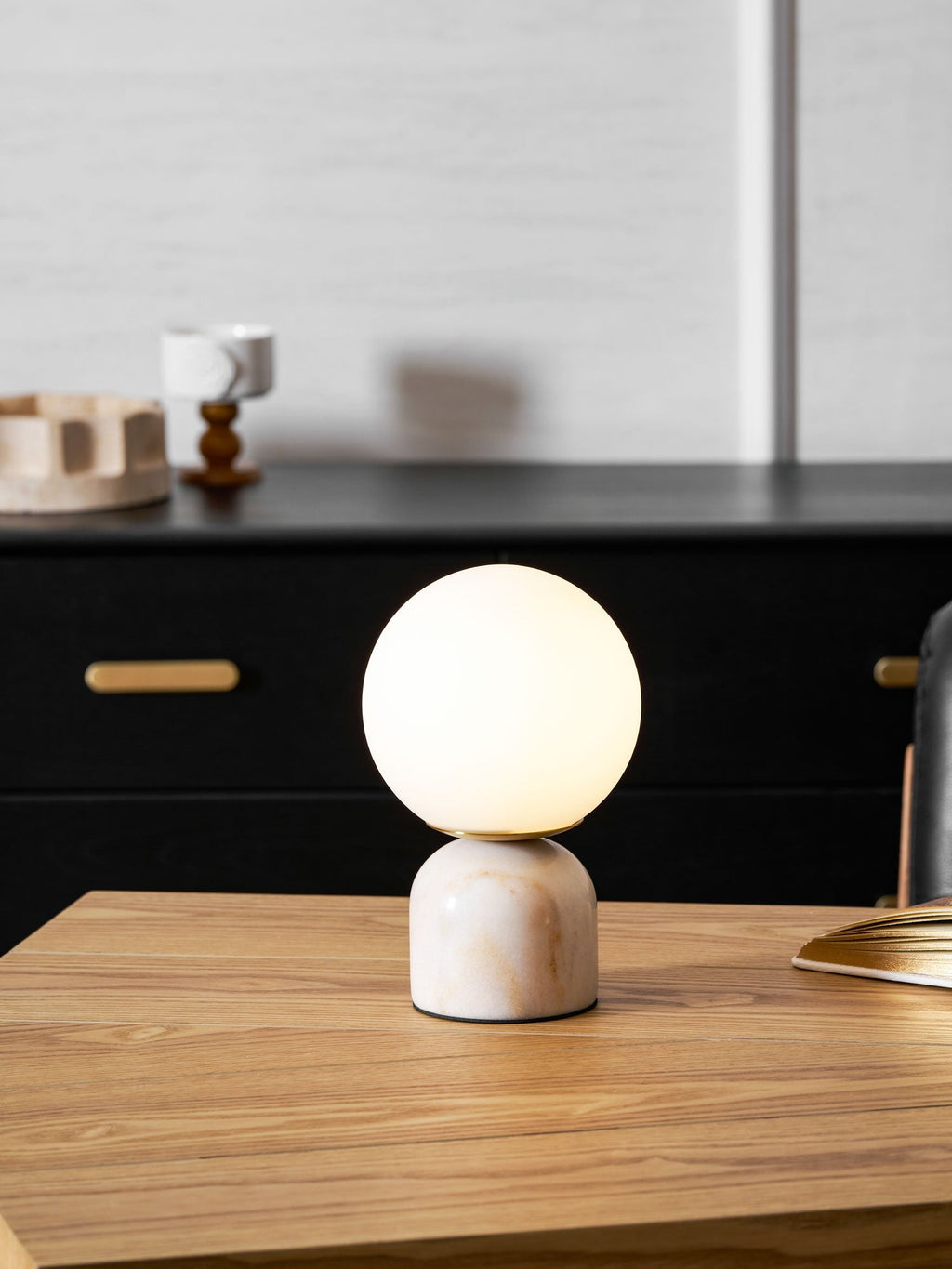 Table Lamp, Sylas Marble Base, White Glass Orb, E26/E27 Plug-In