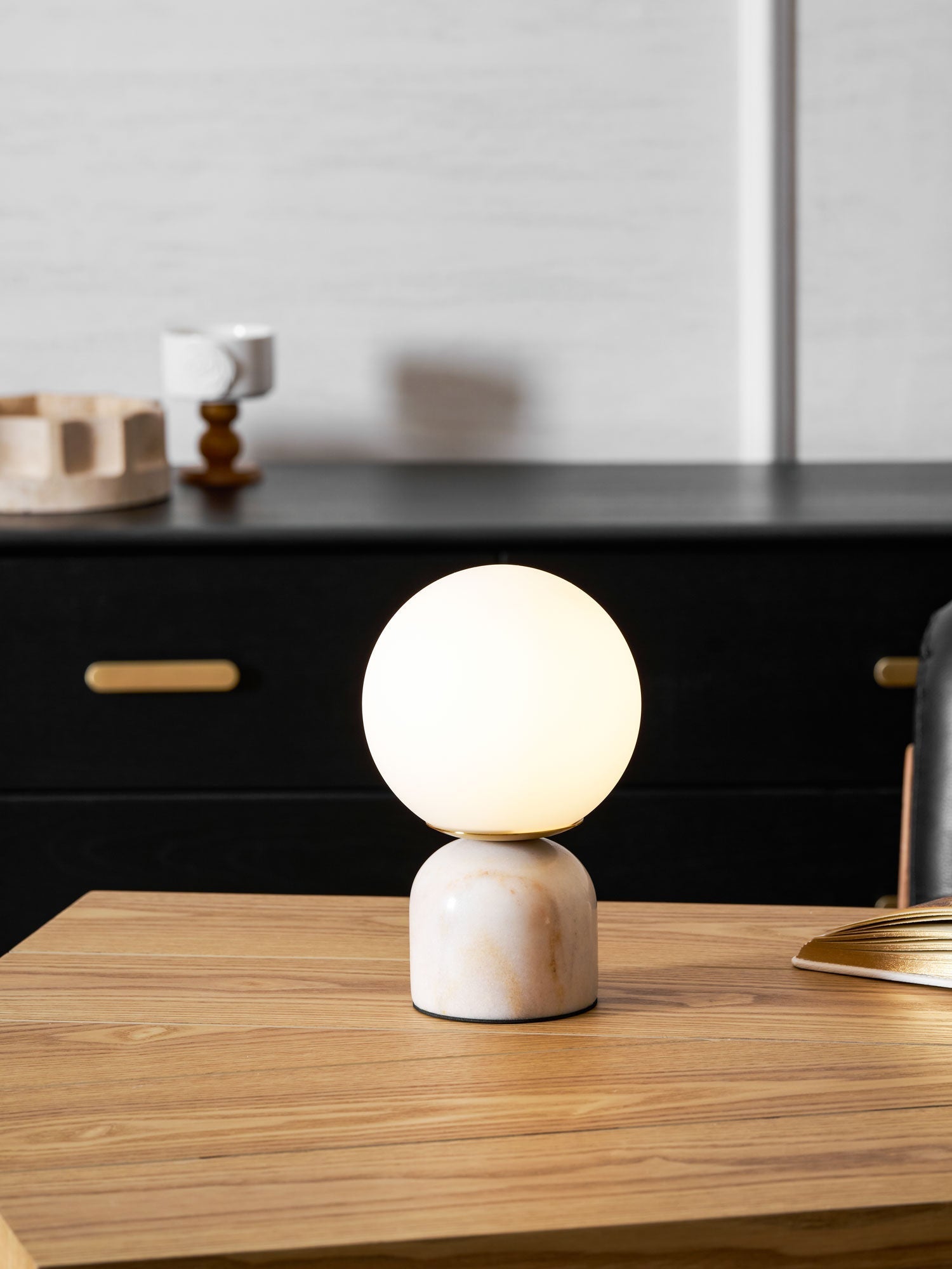 Table Lamp, Sylas Marble Base, White Glass Orb, E26/E27 Plug-In
