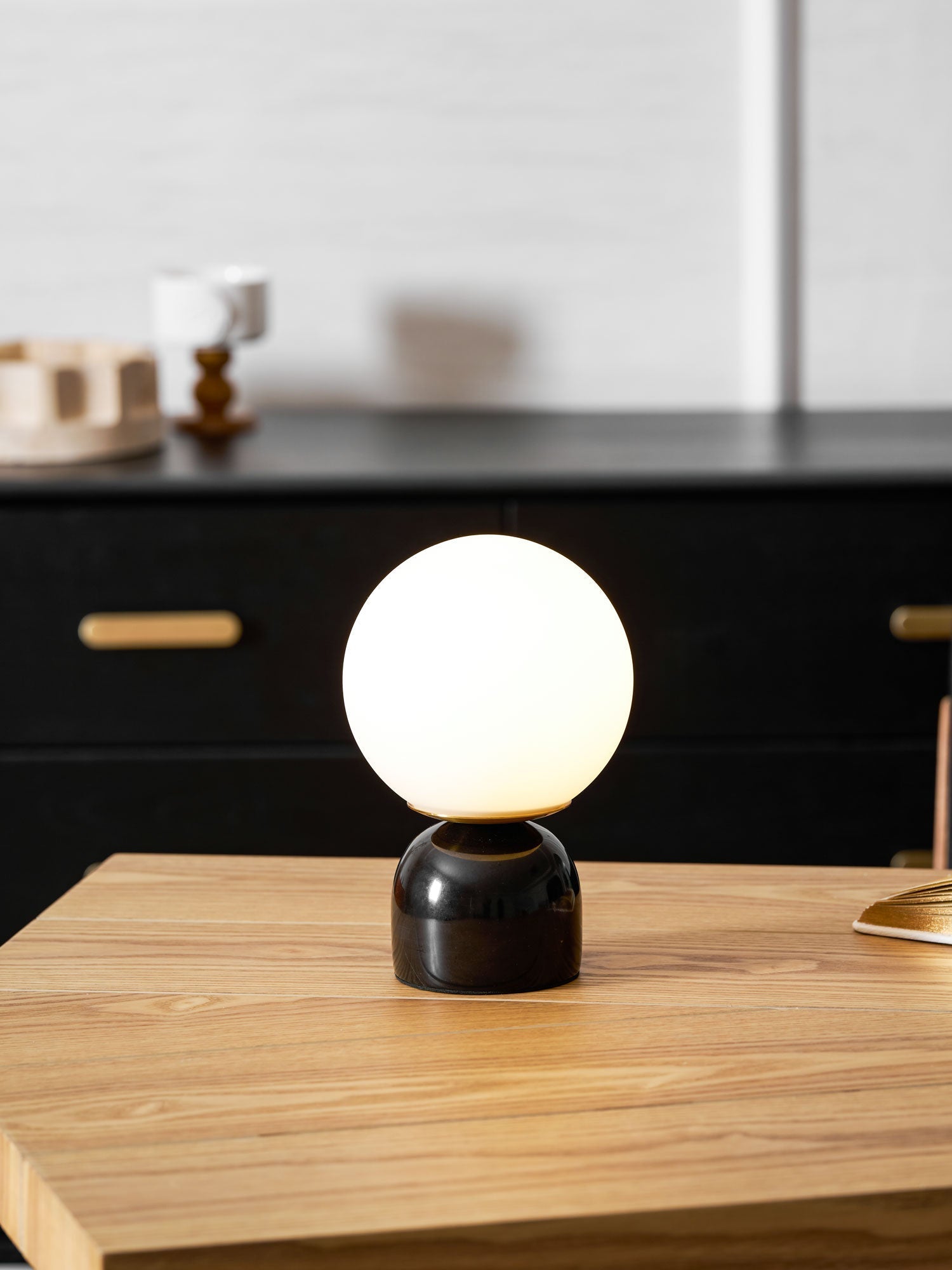 Table Lamp, Sylas Marble Base, White Glass Orb, E26/E27 Plug-In