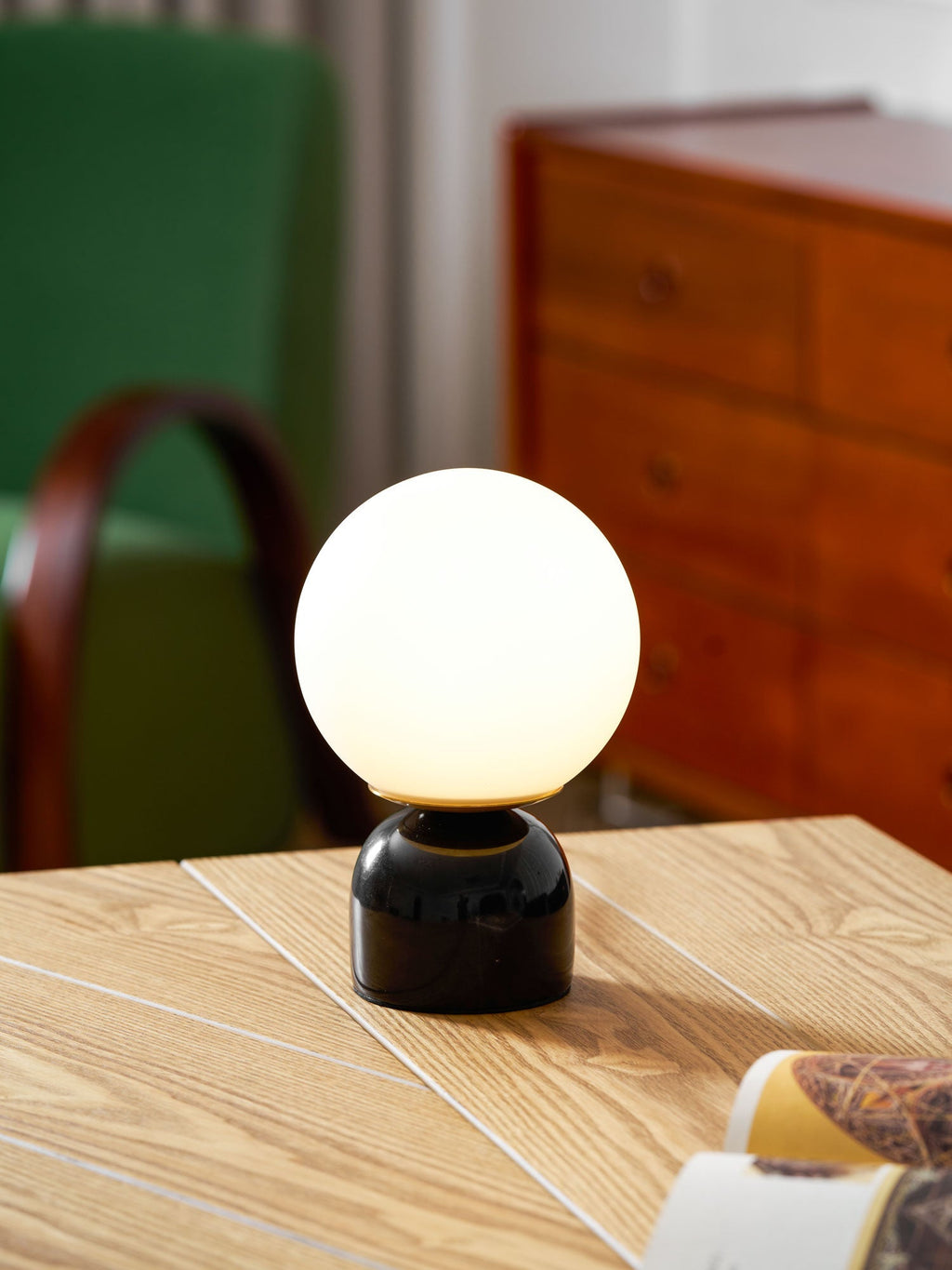 Table Lamp, Sylas Marble Base, White Glass Orb, E26/E27 Plug-In