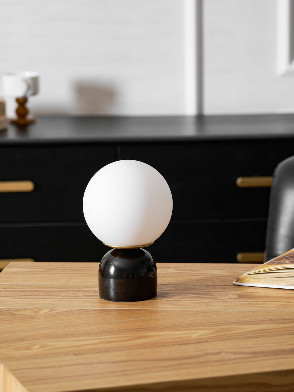 Table Lamp, Sylas Marble Base, White Glass Orb, E26/E27 Plug-In
