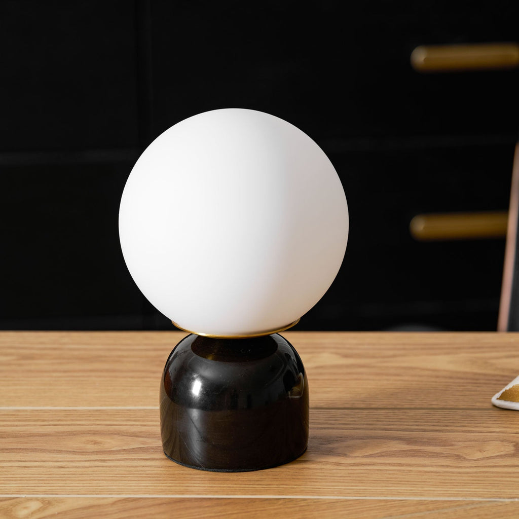 Table Lamp, Sylas Marble Base, White Glass Orb, E26/E27 Plug-In