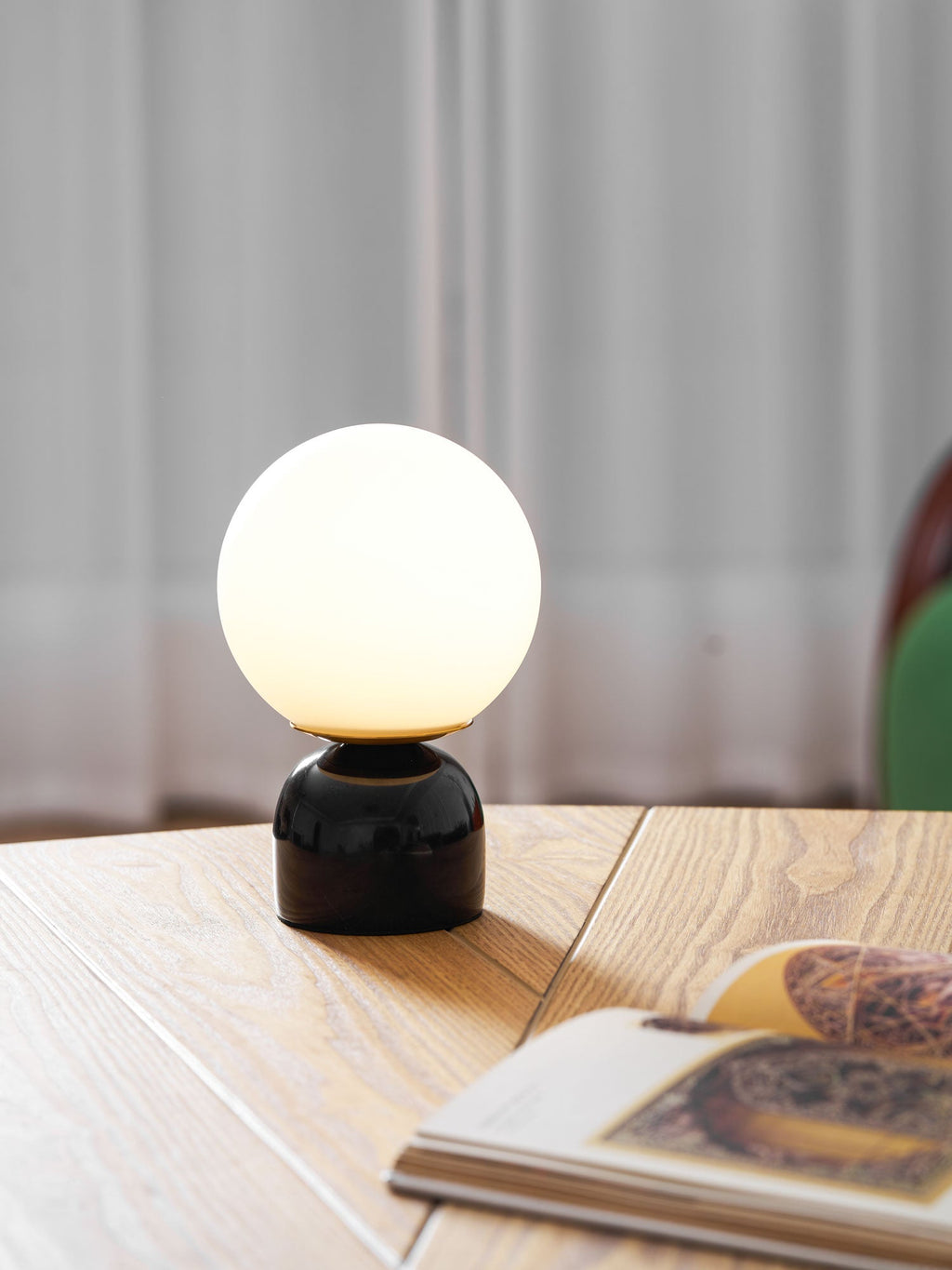 Table Lamp, Sylas Marble Base, White Glass Orb, E26/E27 Plug-In