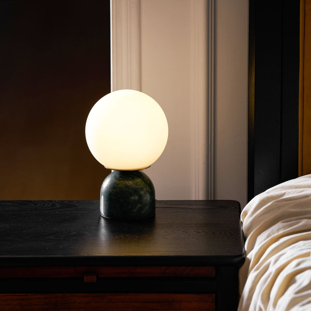 Table Lamp, Sylas Marble Base, White Glass Orb, E26/E27 Plug-In