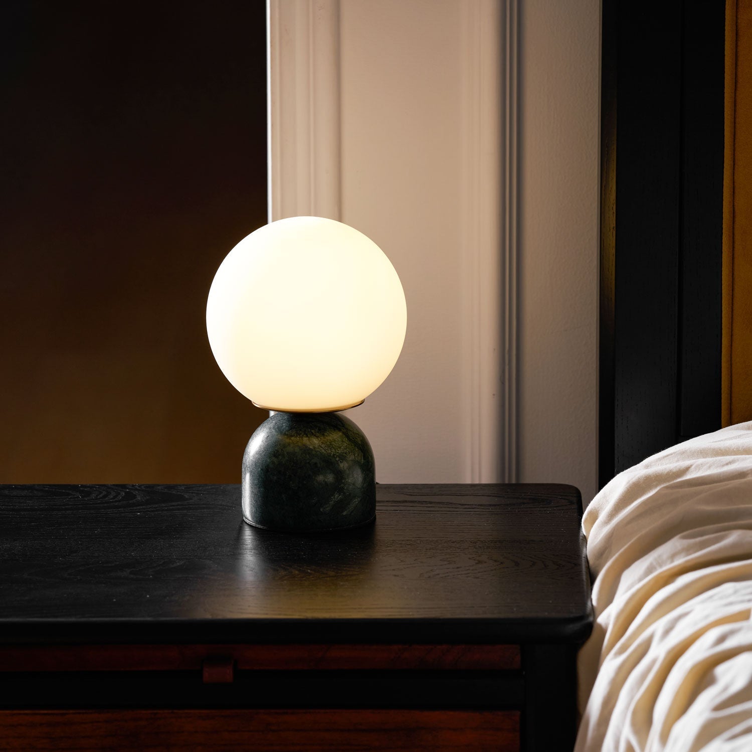 Table Lamp, Sylas Marble Base, White Glass Orb, E26/E27 Plug-In