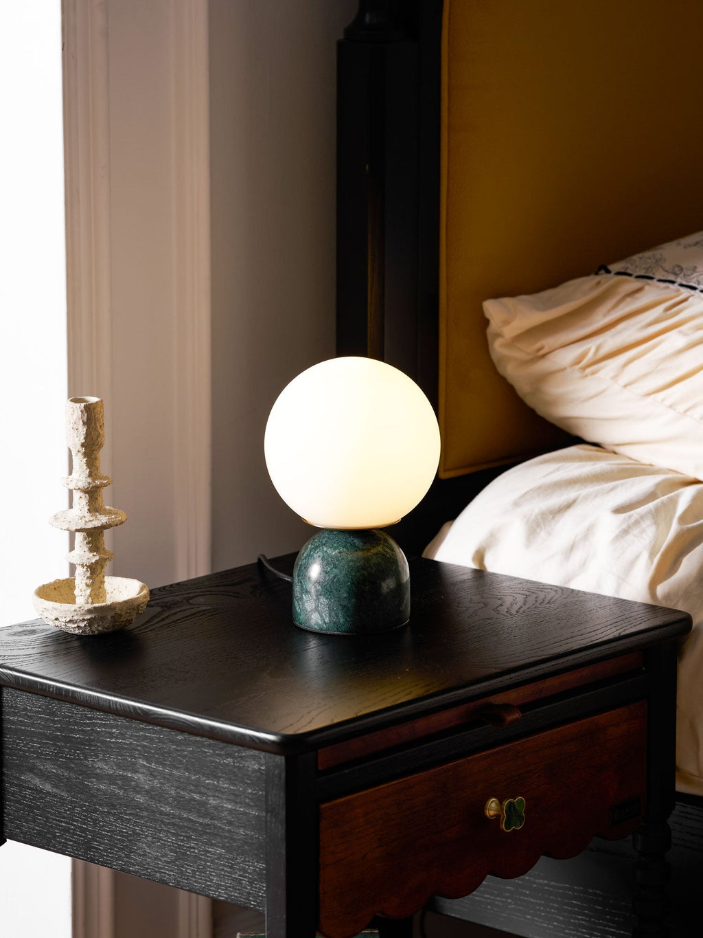 Table Lamp, Sylas Marble Base, White Glass Orb, E26/E27 Plug-In