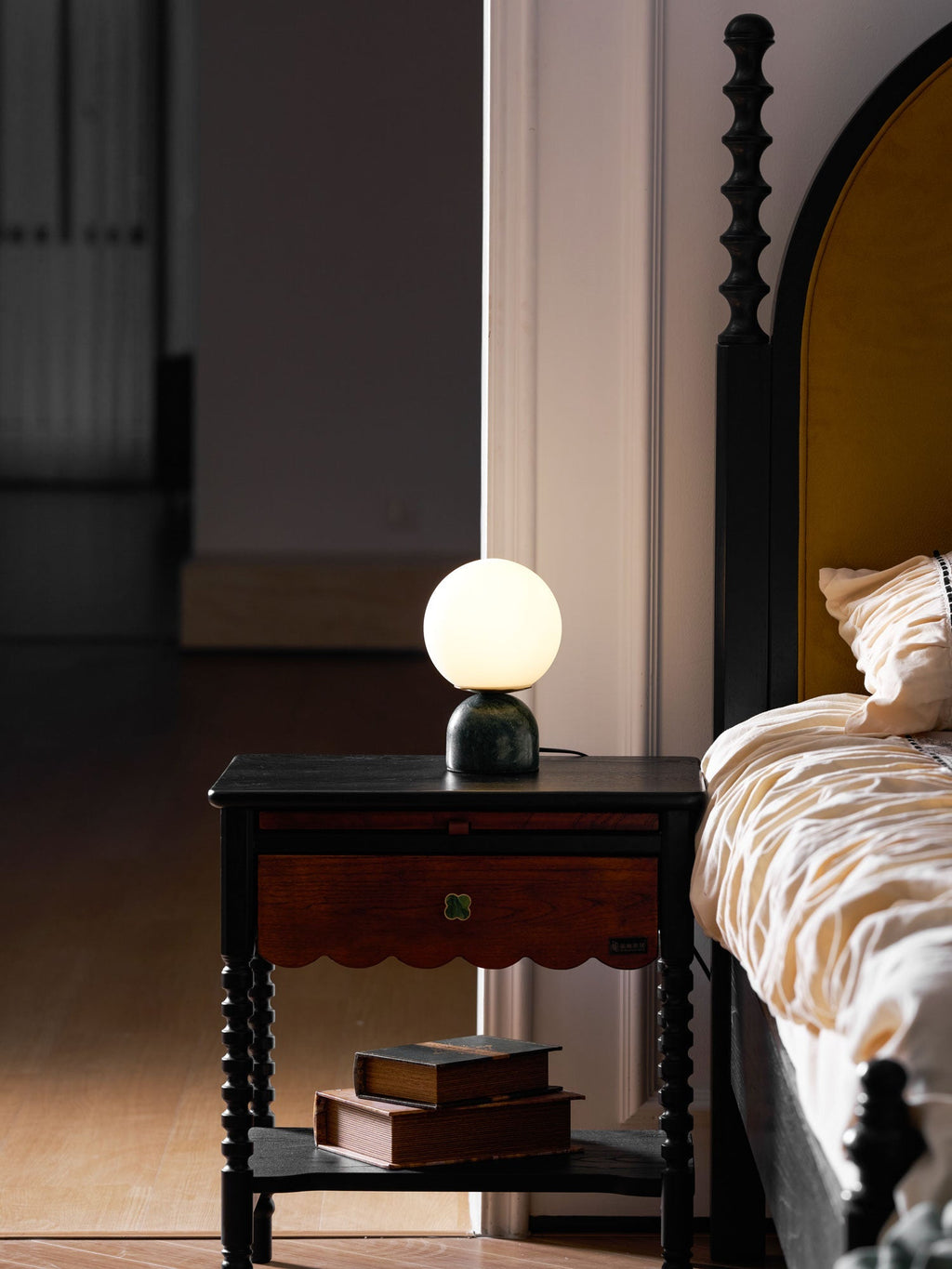 Table Lamp, Sylas Marble Base, White Glass Orb, E26/E27 Plug-In