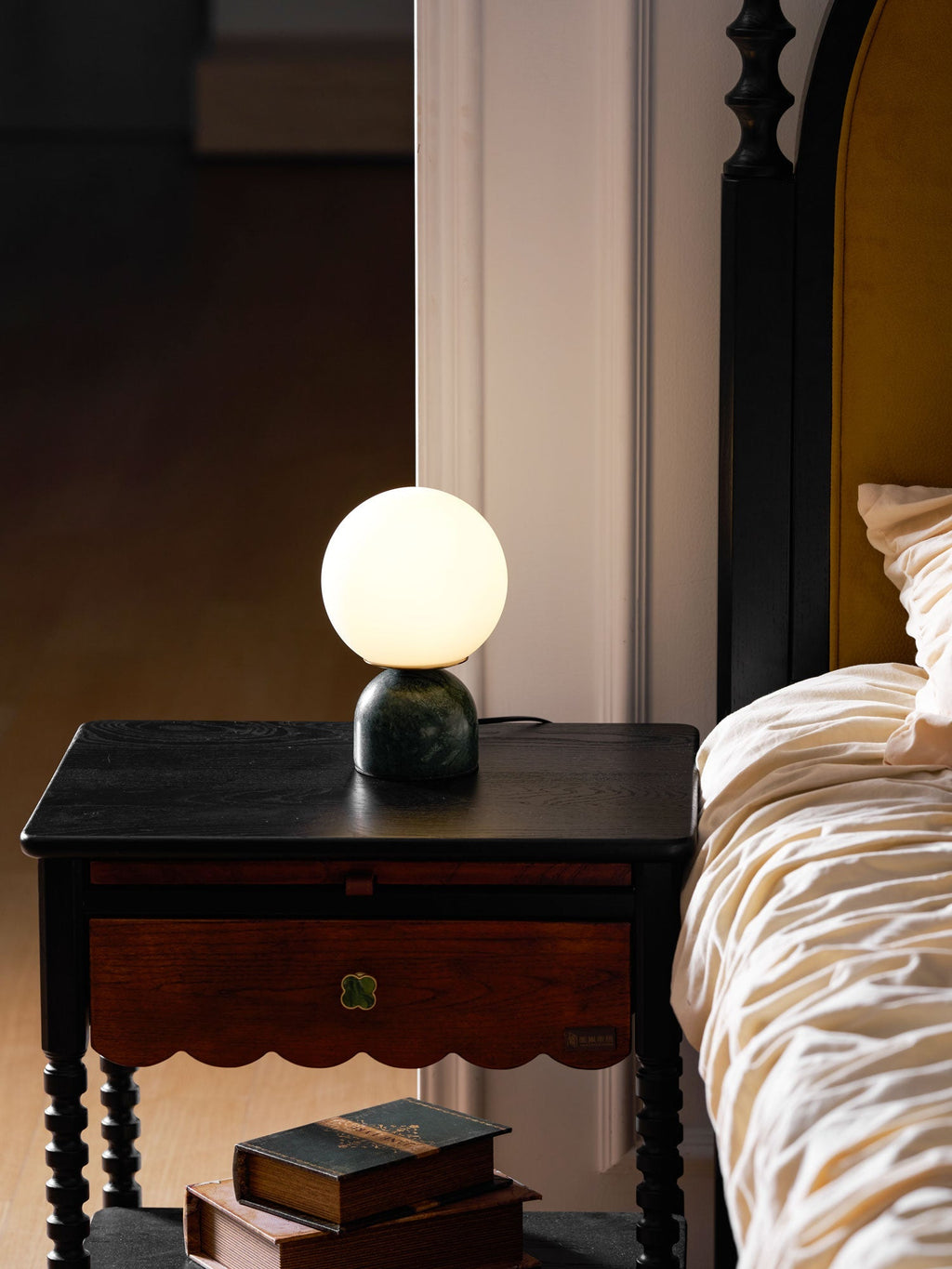 Table Lamp, Sylas Marble Base, White Glass Orb, E26/E27 Plug-In