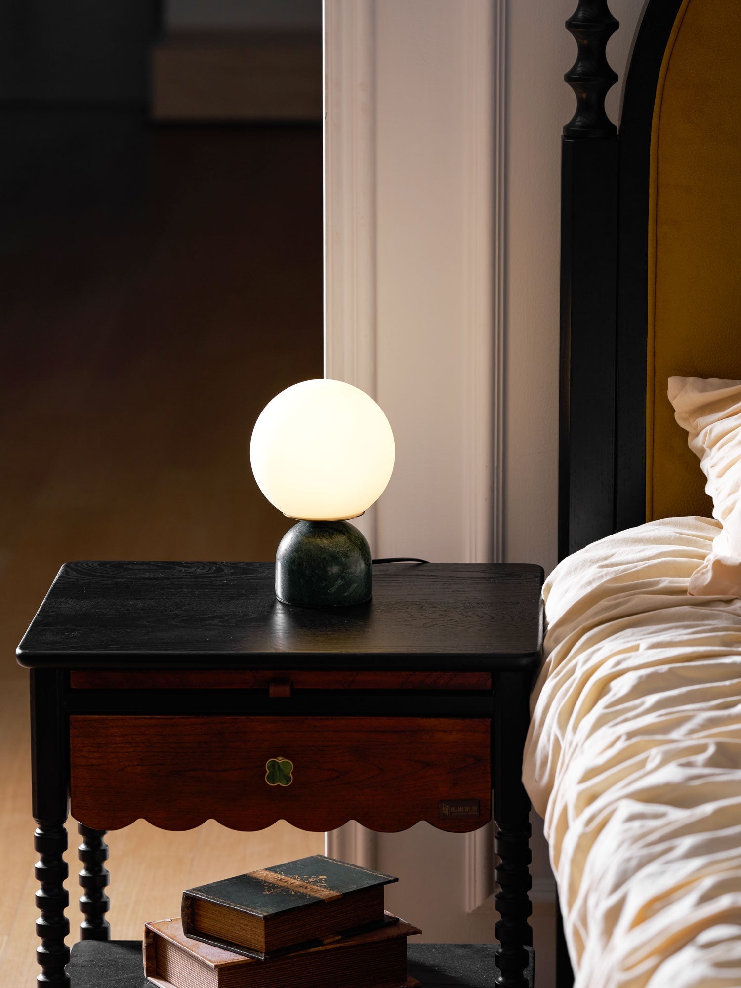 Table Lamp, Sylas Marble Base, White Glass Orb, E26/E27 Plug-In