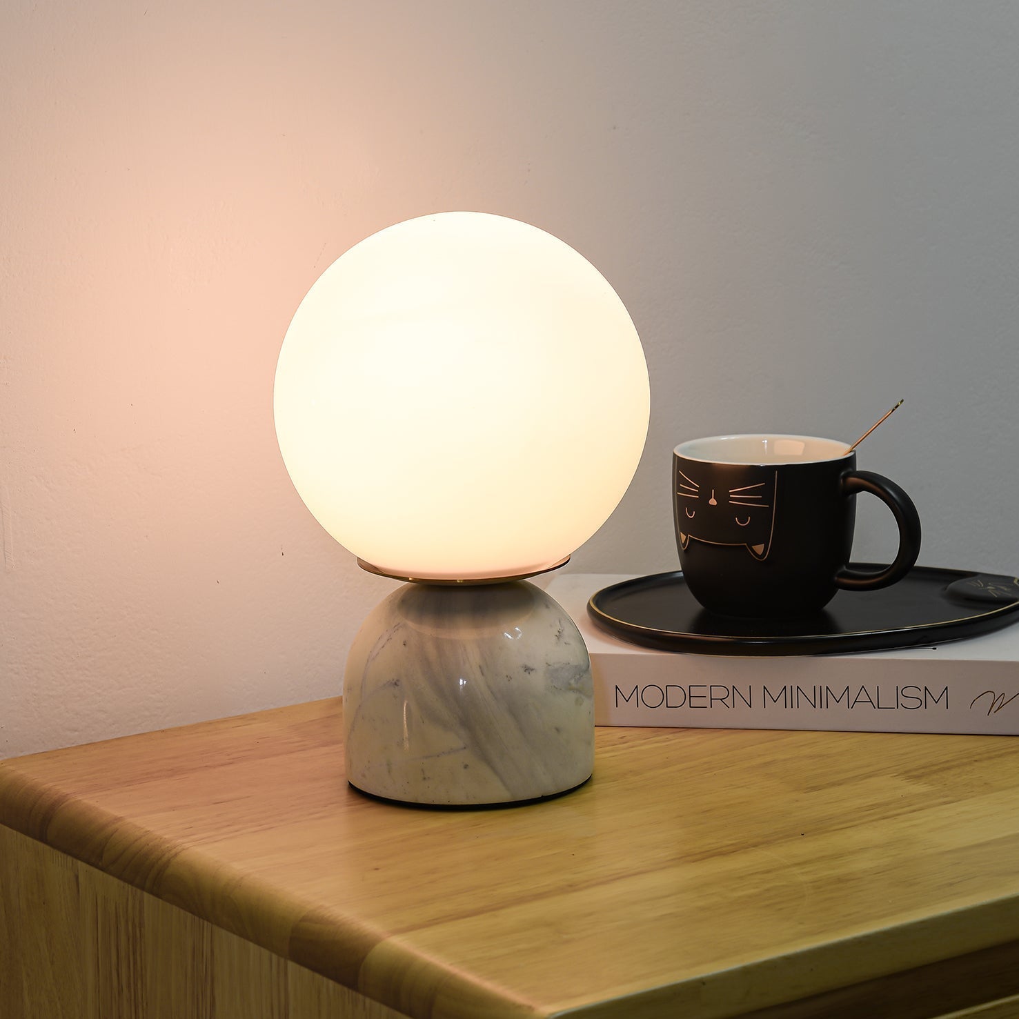 Table Lamp, Sylas Marble Base, White Glass Orb, E26/E27 Plug-In
