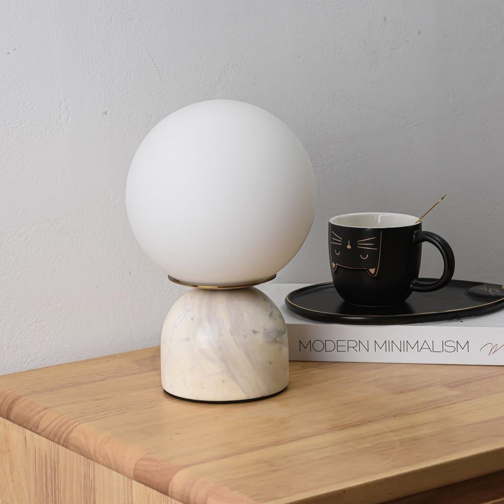 Table Lamp, Sylas Marble Base, White Glass Orb, E26/E27 Plug-In