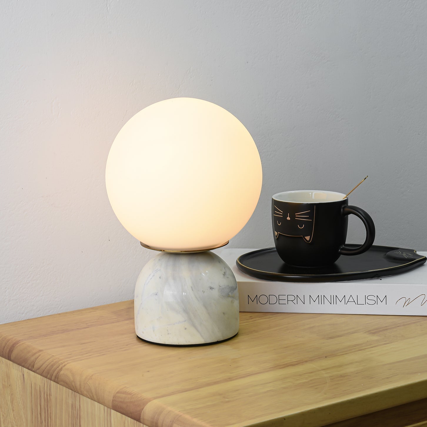 Table Lamp, Sylas Marble Base, White Glass Orb, E26/E27 Plug-In