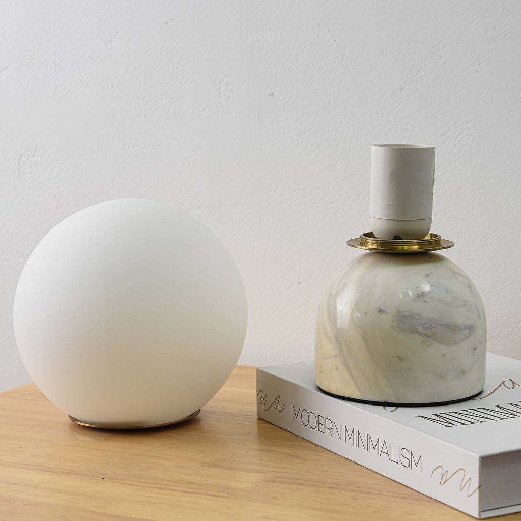 Table Lamp, Sylas Marble Base, White Glass Orb, E26/E27 Plug-In
