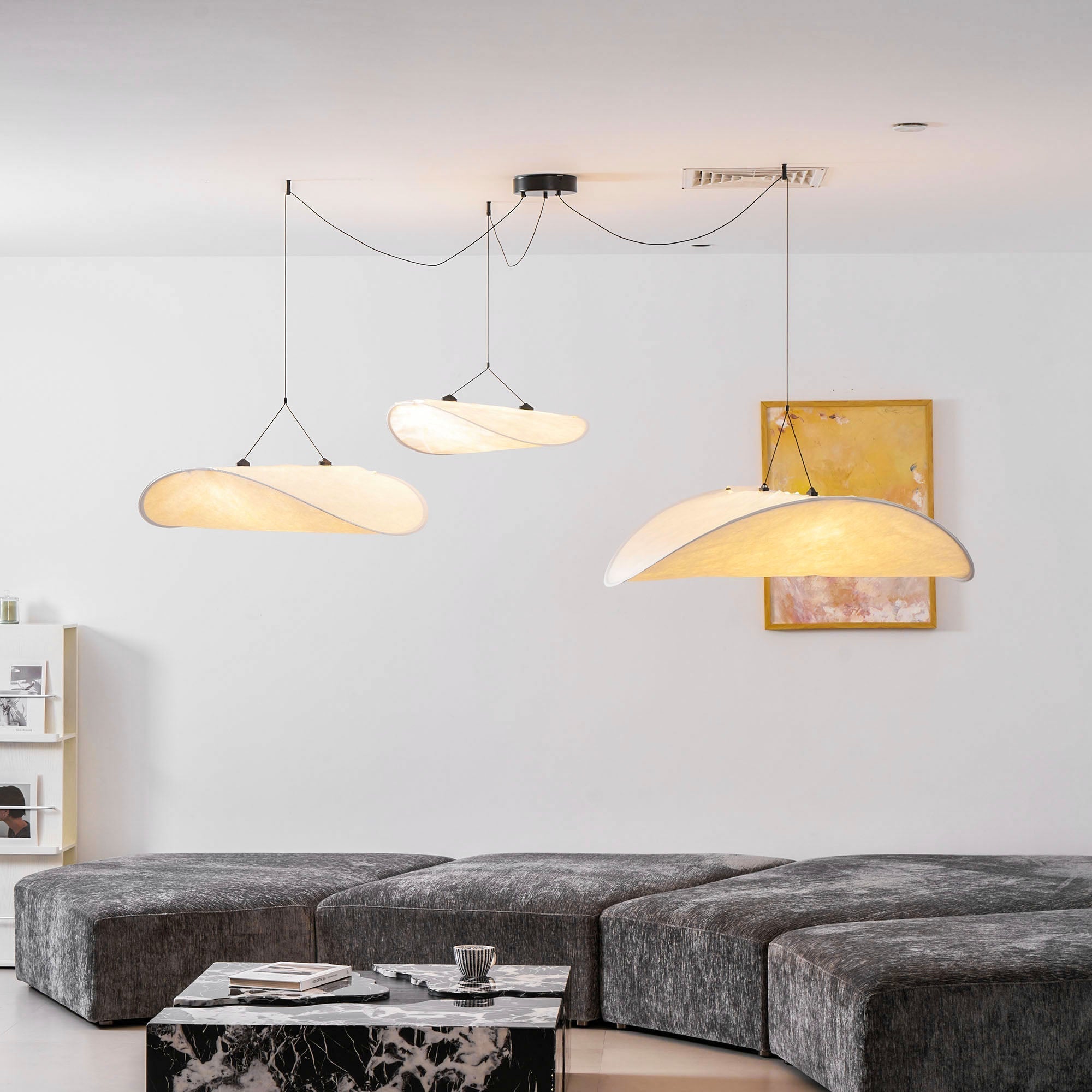 Tense Pendant Light, Tyvek Paper Shade, White and Black, Warm Dimmable