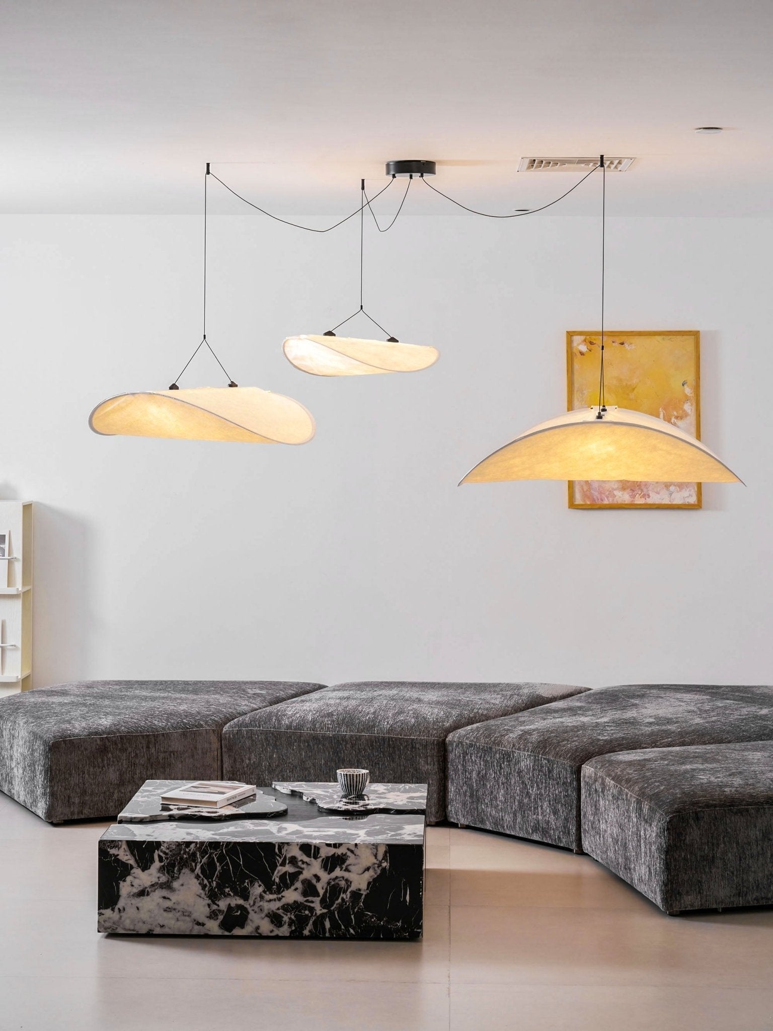 Tense Pendant Light, Tyvek Paper Shade, White and Black, Warm Dimmable