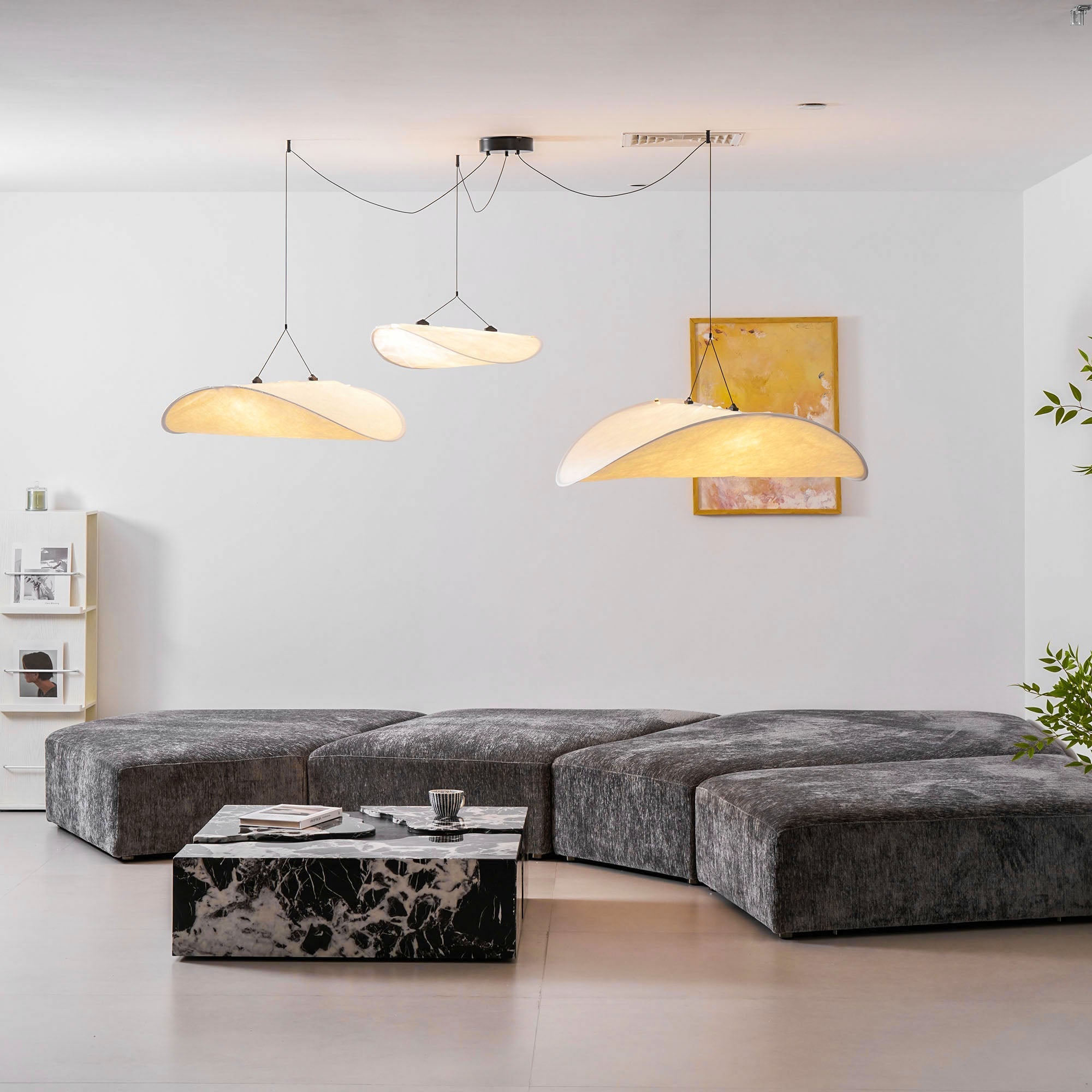 Tense Pendant Light, Tyvek Paper Shade, White and Black, Warm Dimmable