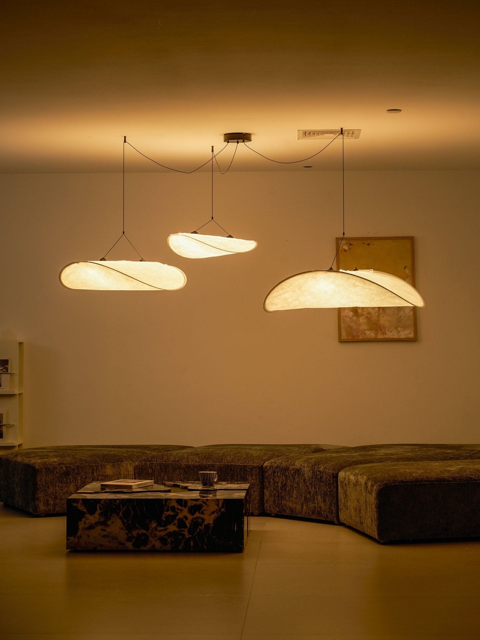 Tense Pendant Light, Tyvek Paper Shade, White and Black, Warm Dimmable