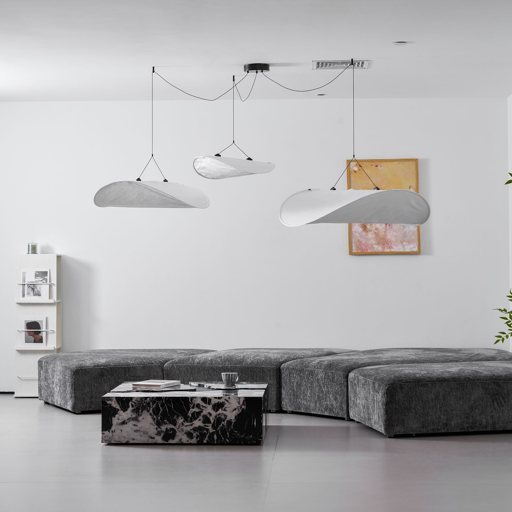 Tense Pendant Light, Tyvek Paper Shade, White and Black, Warm Dimmable