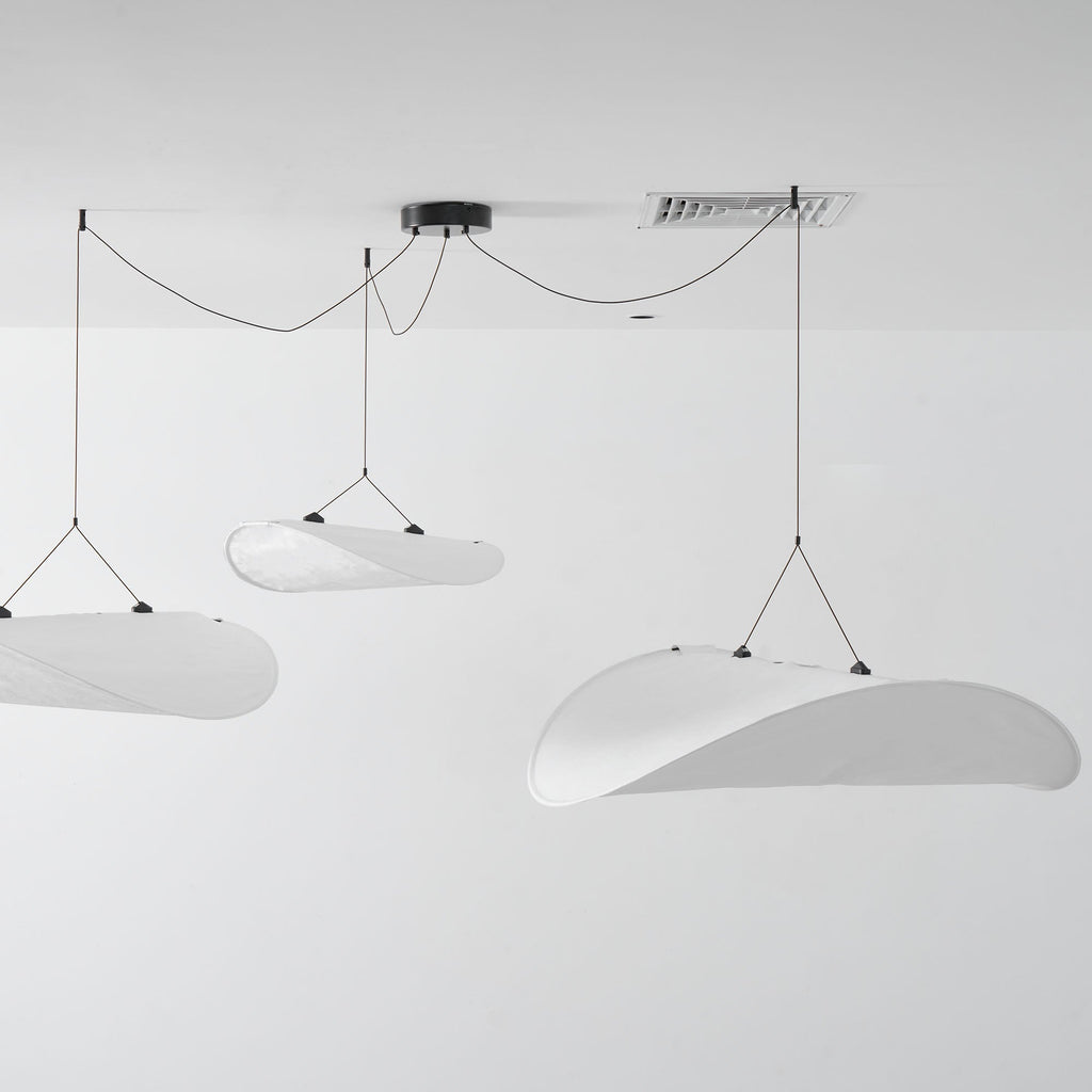 Tense Pendant Light, Tyvek Paper Shade, White and Black, Warm Dimmable