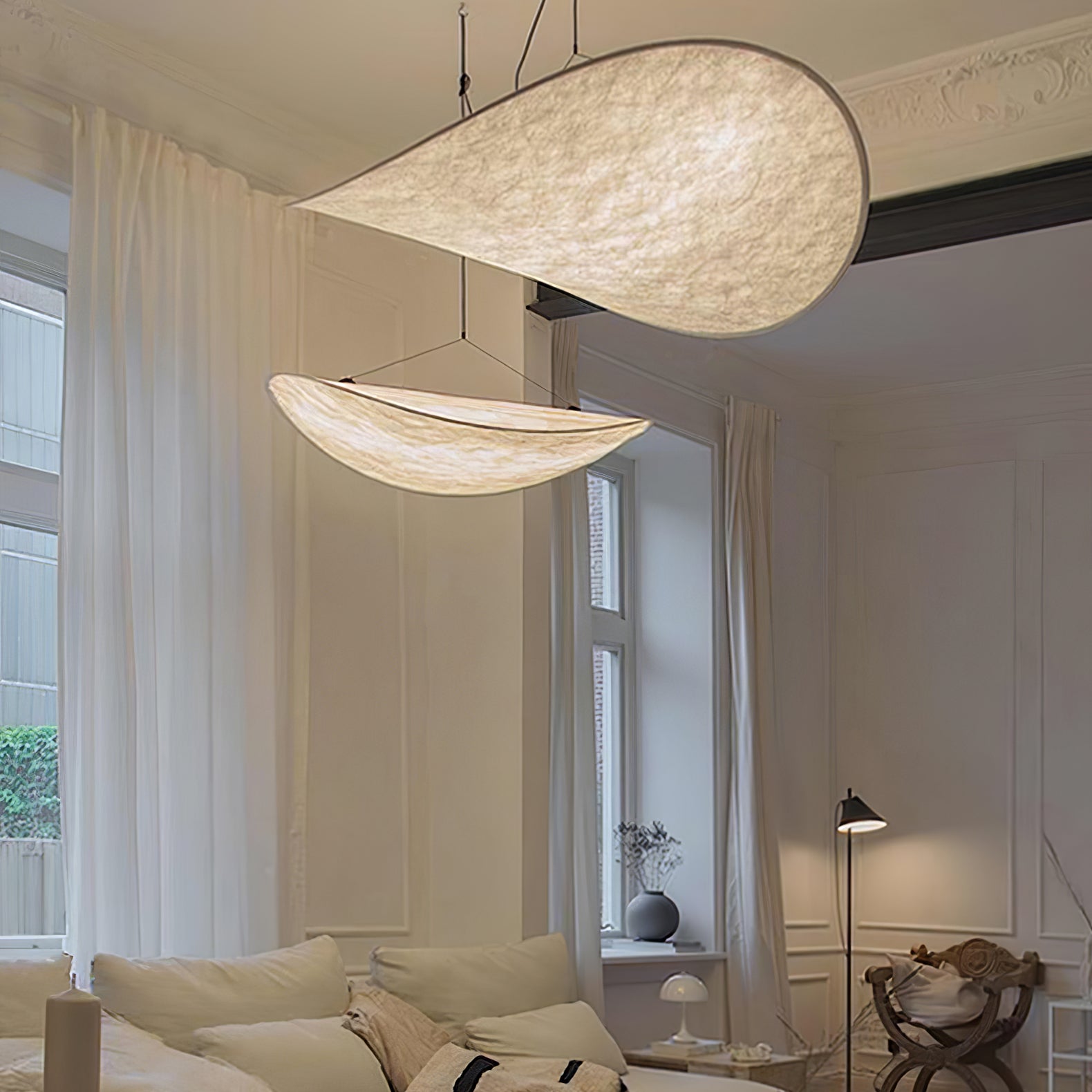 Tense Pendant Light, Tyvek Paper Shade, White and Black, Warm Dimmable