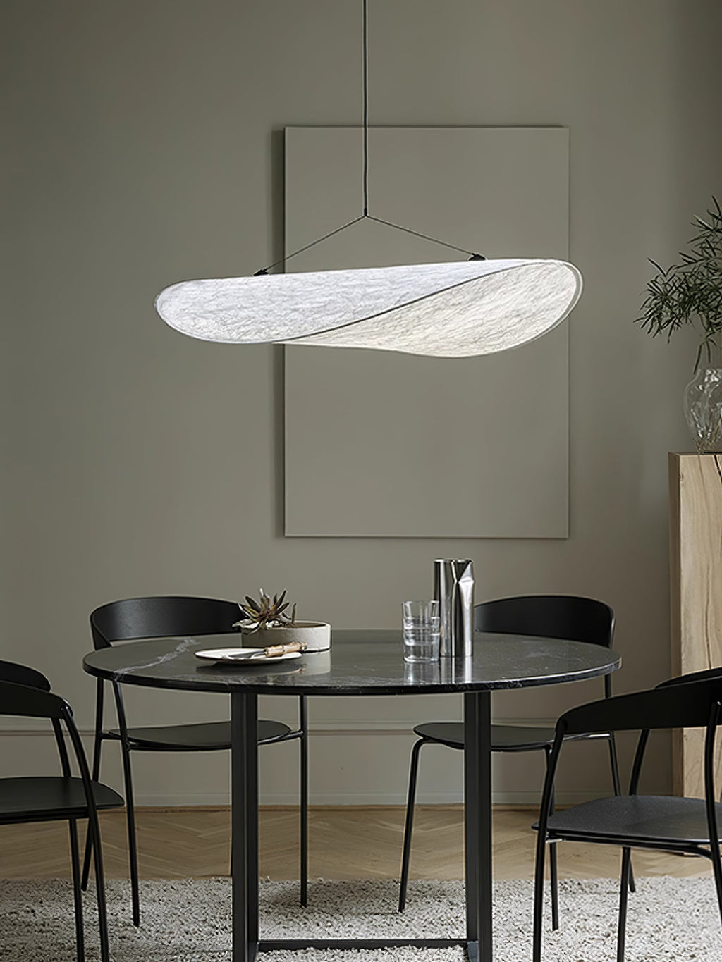 Tense Pendant Light, Tyvek Paper Shade, White and Black, Warm Dimmable
