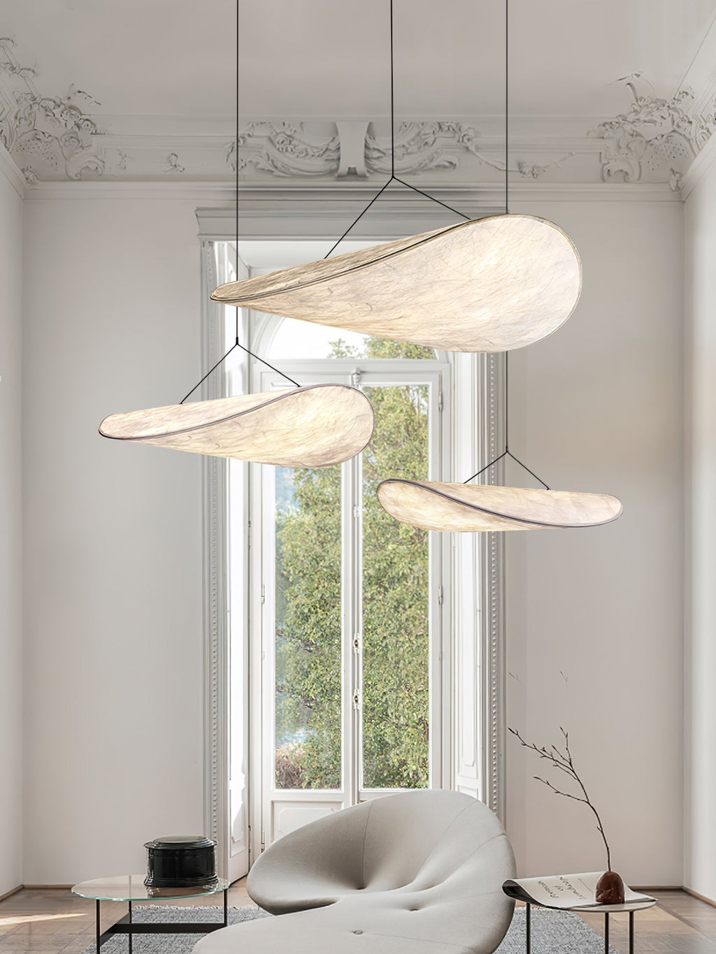 Tense Pendant Light, Tyvek Paper Shade, White and Black, Warm Dimmable