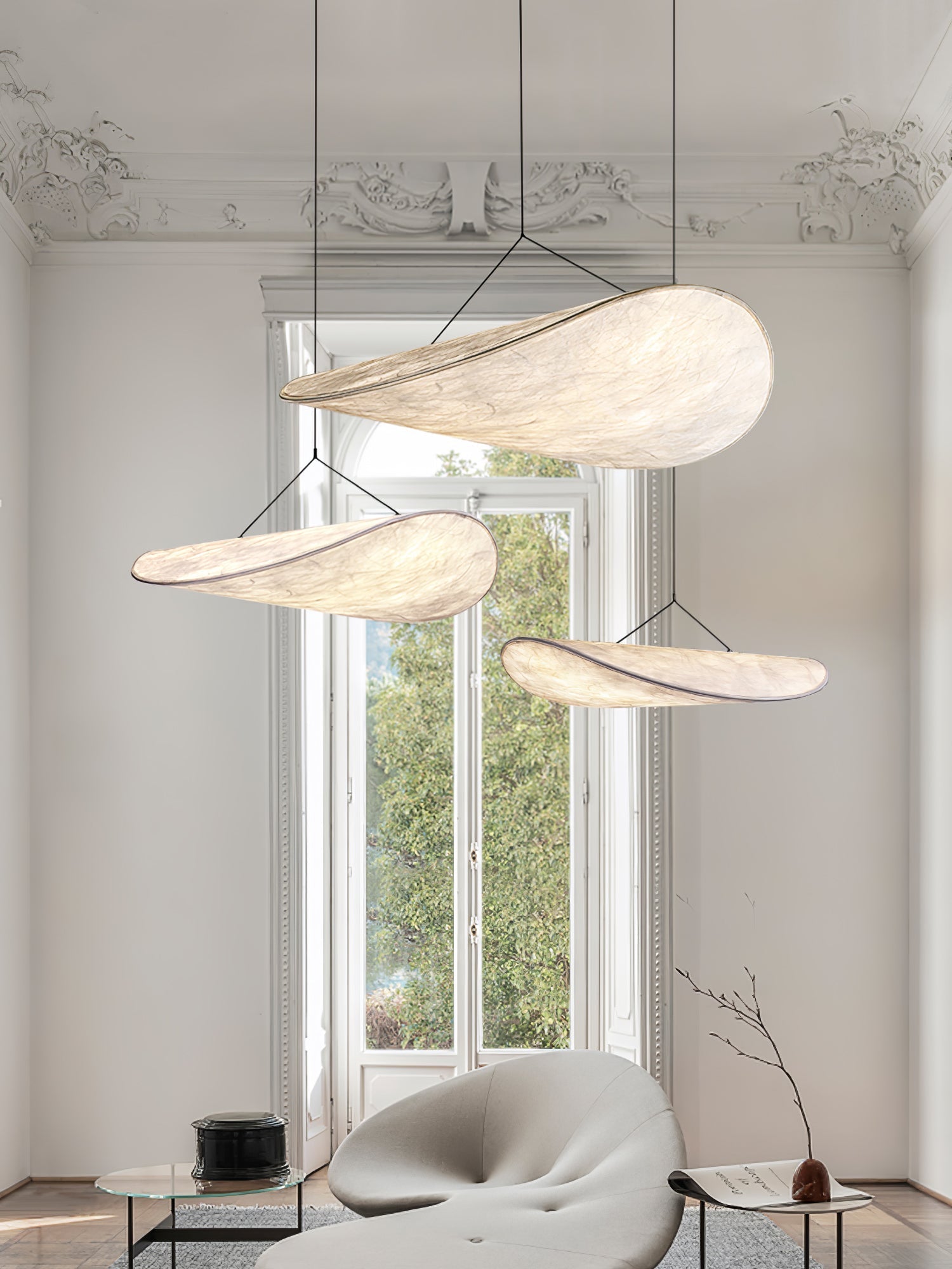 Tense Pendant Light, Tyvek Paper Shade, White and Black, Warm Dimmable