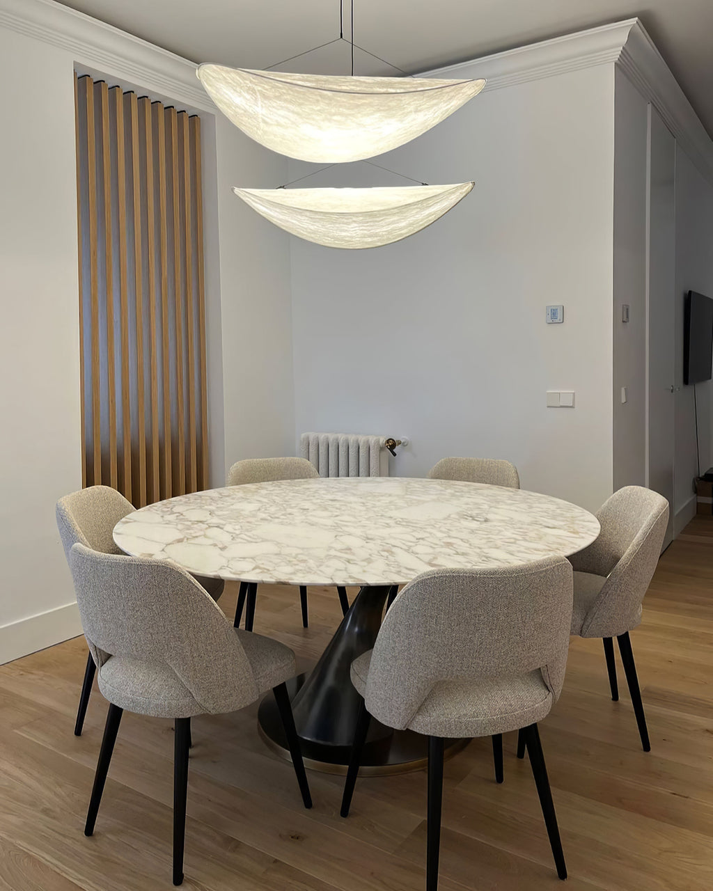 Tense Pendant Light, Tyvek Paper Shade, White and Black, Warm Dimmable