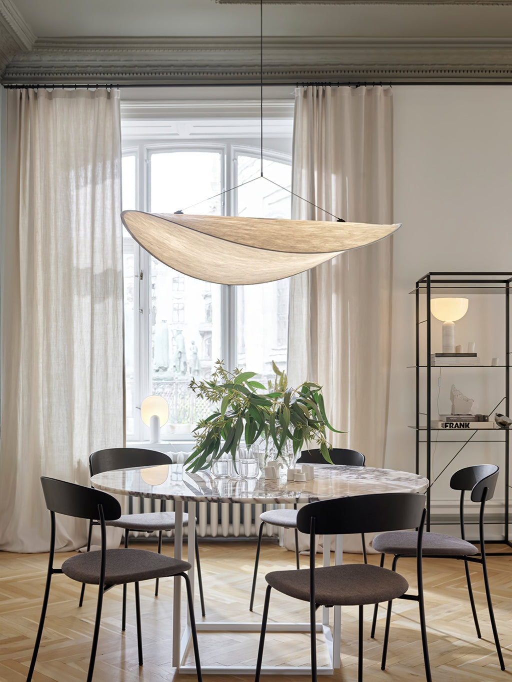 Tense Pendant Light, Tyvek Paper Shade, White and Black, Warm Dimmable