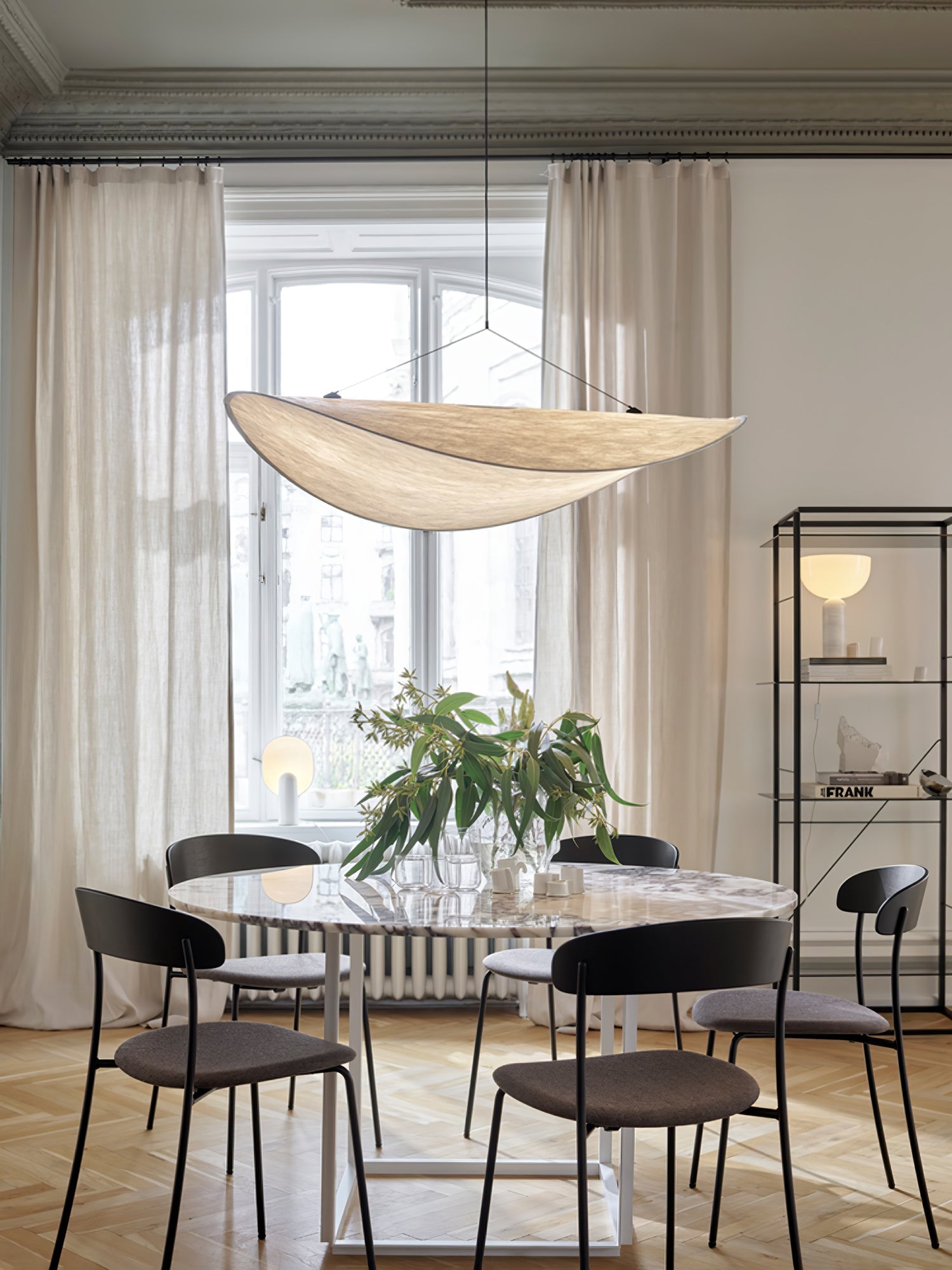 Tense Pendant Light, Tyvek Paper Shade, White and Black, Warm Dimmable