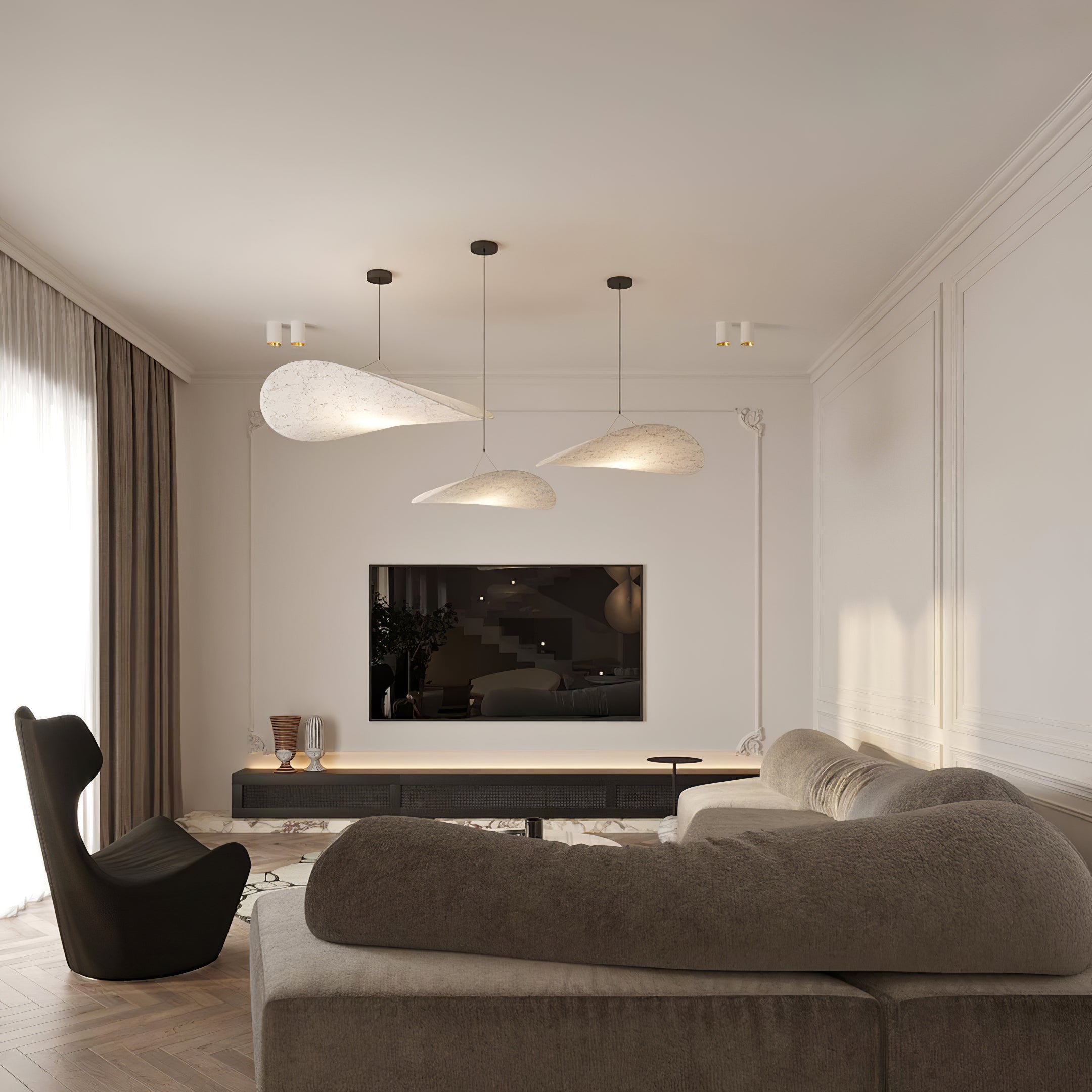 Tense Pendant Light, Tyvek Paper Shade, White and Black, Warm Dimmable