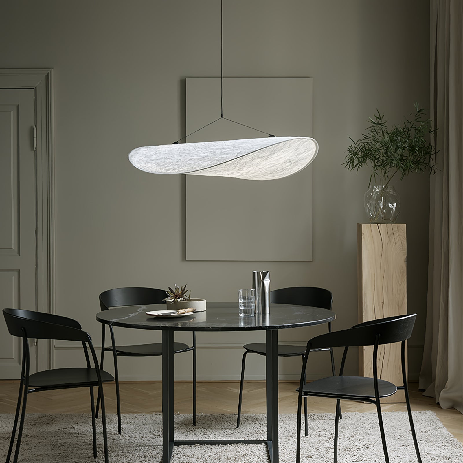 Tense Pendant Light, Tyvek Paper Shade, White and Black, Warm Dimmable