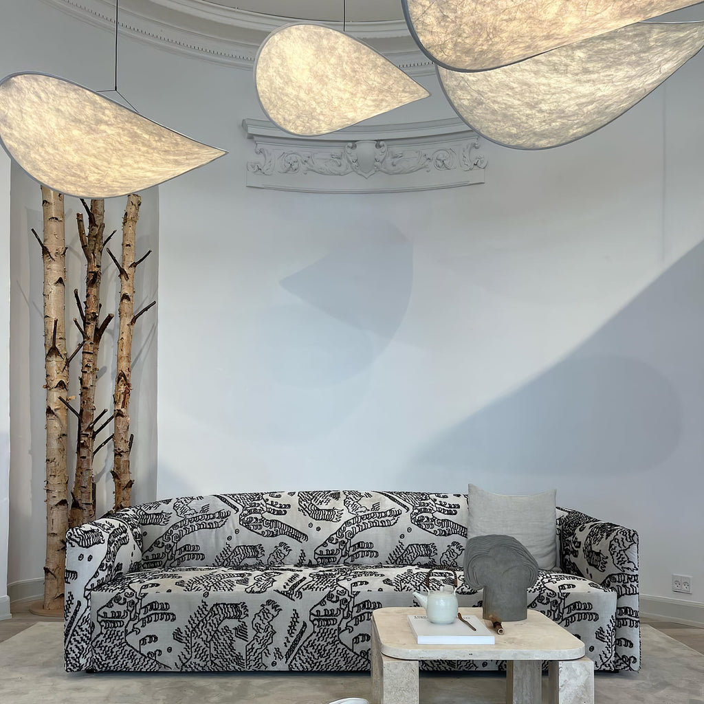 Tense Pendant Light, Tyvek Paper Shade, White and Black, Warm Dimmable
