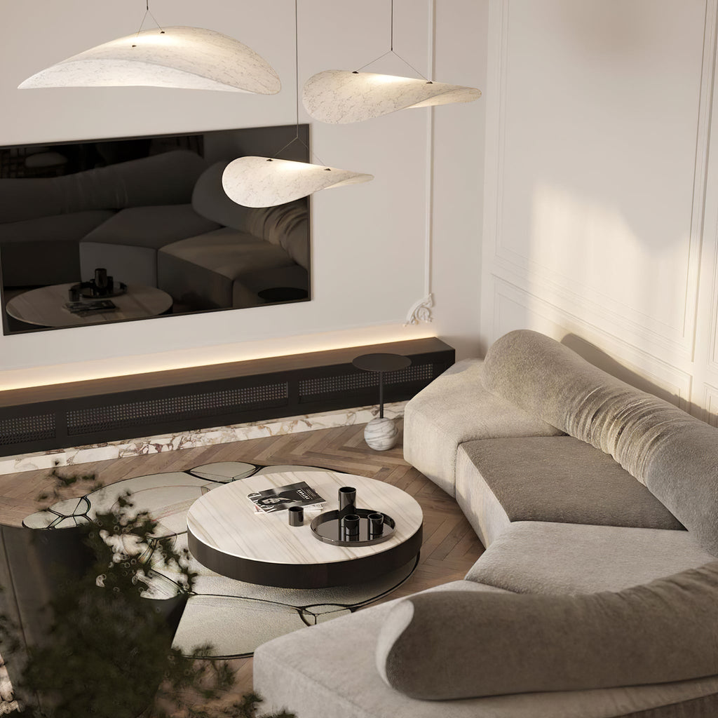 Tense Pendant Light, Tyvek Paper Shade, White and Black, Warm Dimmable