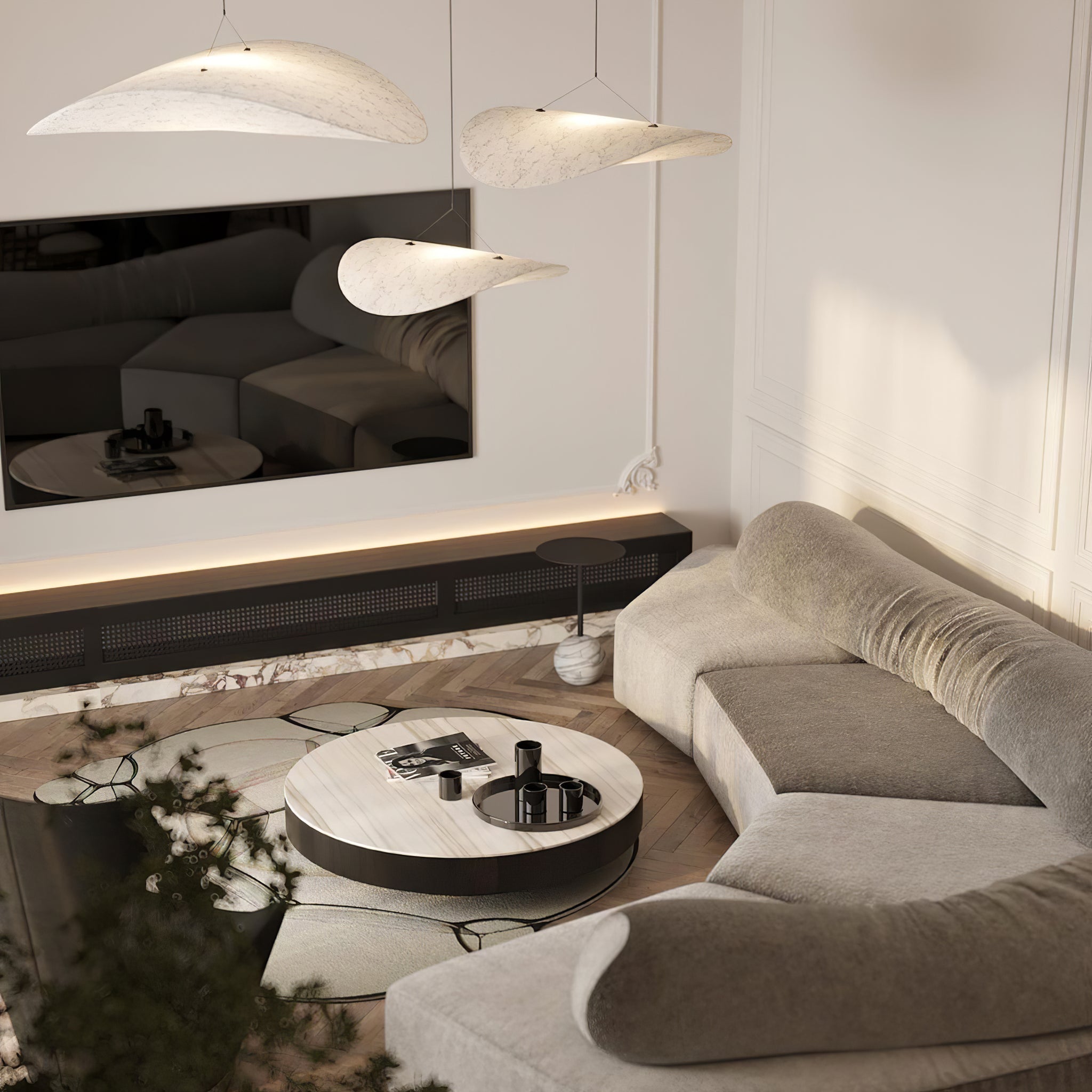 Tense Pendant Light, Tyvek Paper Shade, White and Black, Warm Dimmable