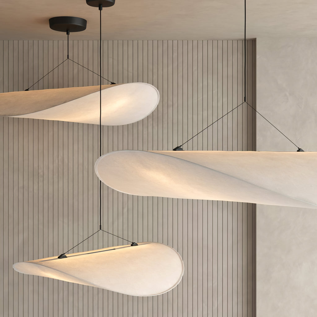 Tense Pendant Light, Tyvek Paper Shade, White and Black, Warm Dimmable