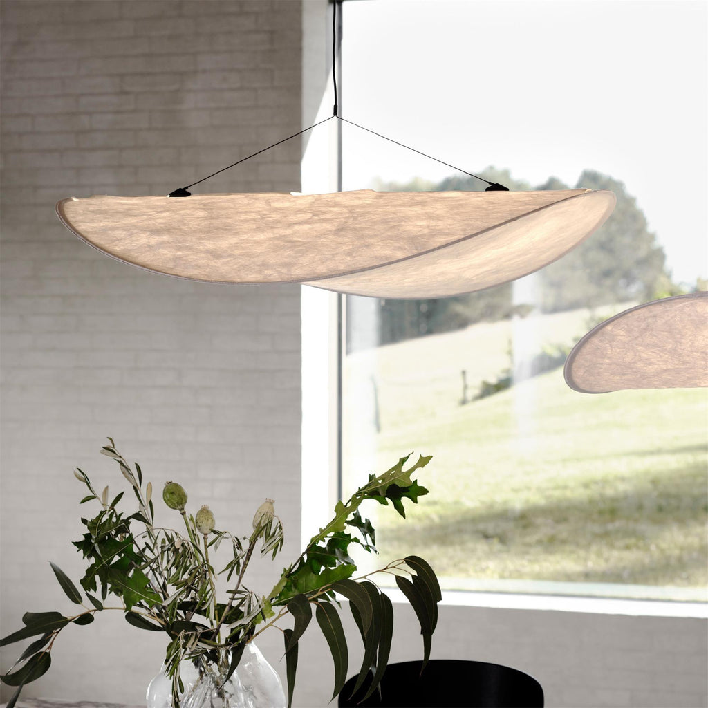 Tense Pendant Light, Tyvek Paper Shade, White and Black, Warm Dimmable