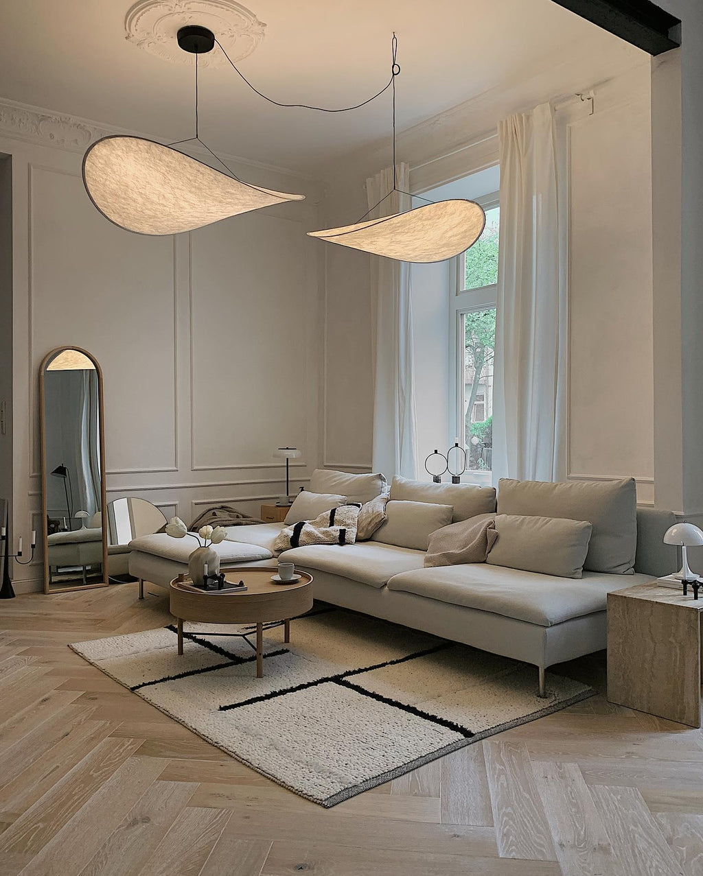 Tense Pendant Light, Tyvek Paper Shade, White and Black, Warm Dimmable
