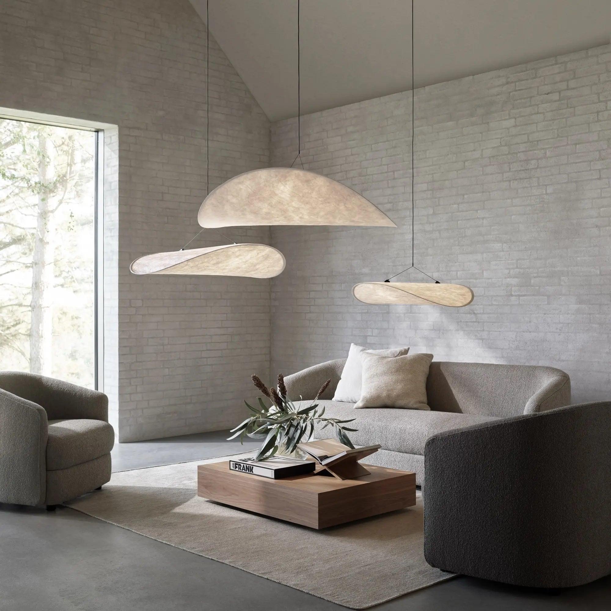 Tense Pendant Light, Tyvek Paper Shade, White and Black, Warm Dimmable