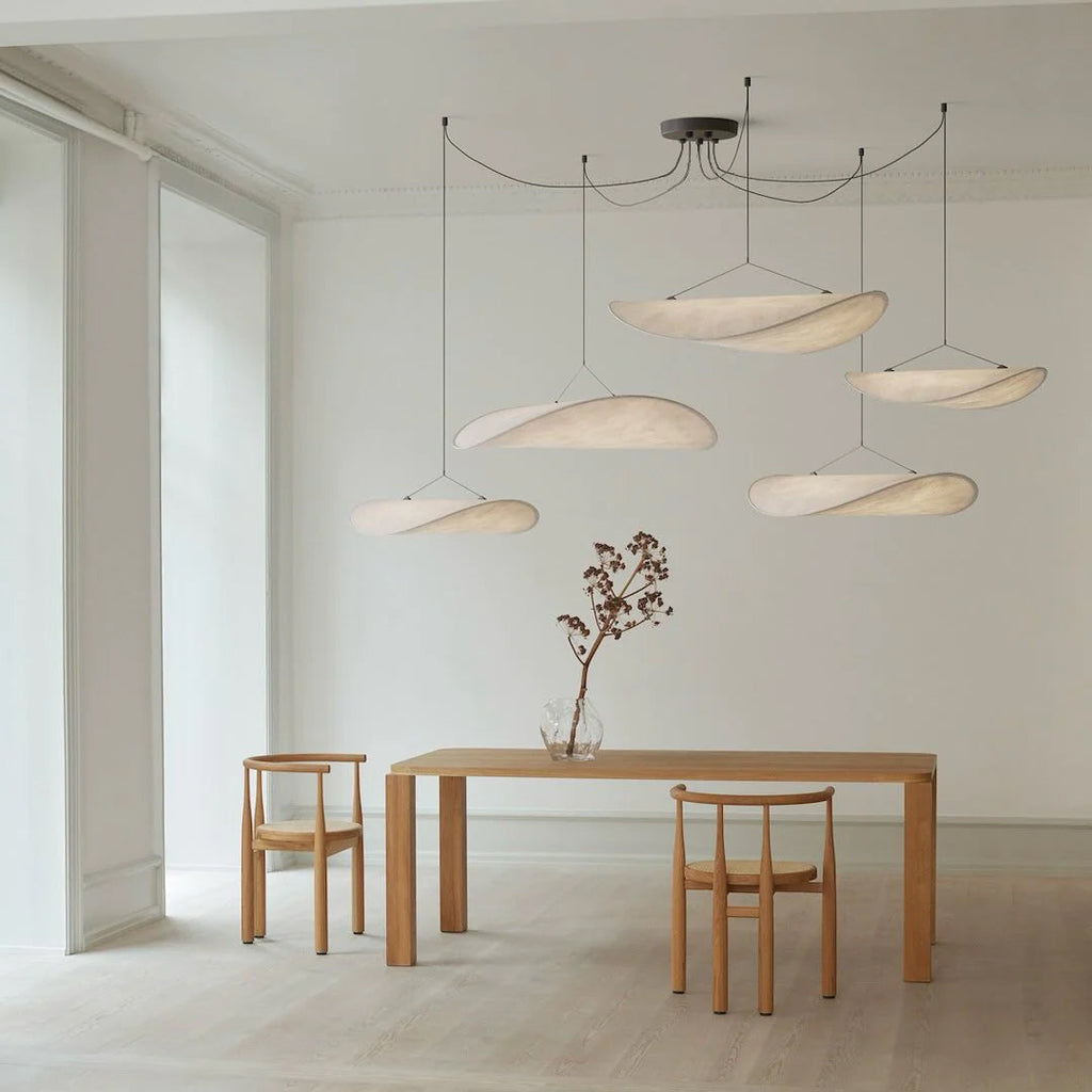 Tense Pendant Light, Tyvek Paper Shade, White and Black, Warm Dimmable