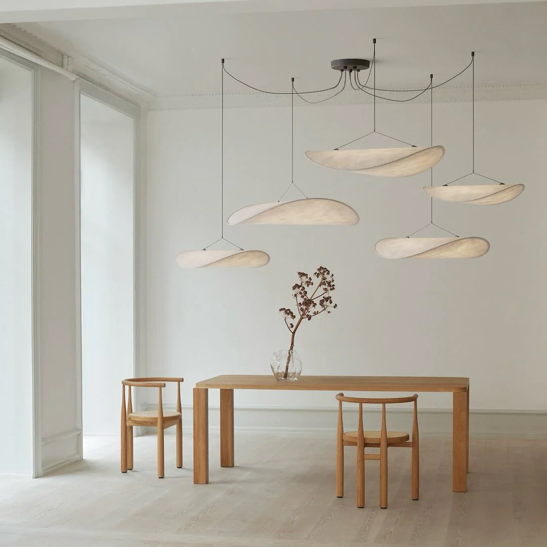Tense Pendant Light, Tyvek Paper Shade, White and Black, Warm Dimmable