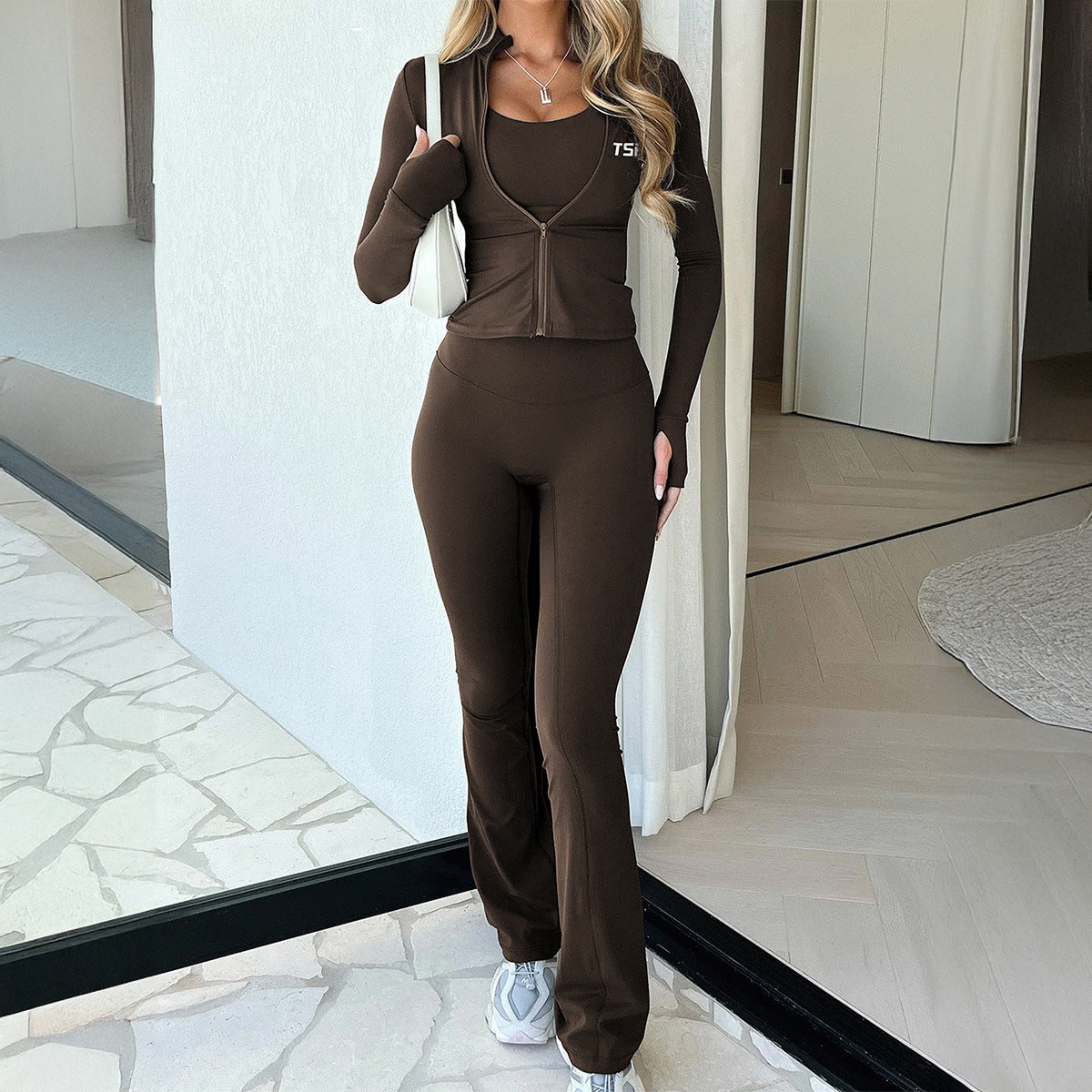 Womens Solid-Color Casual Sport Jacket And Pants Set