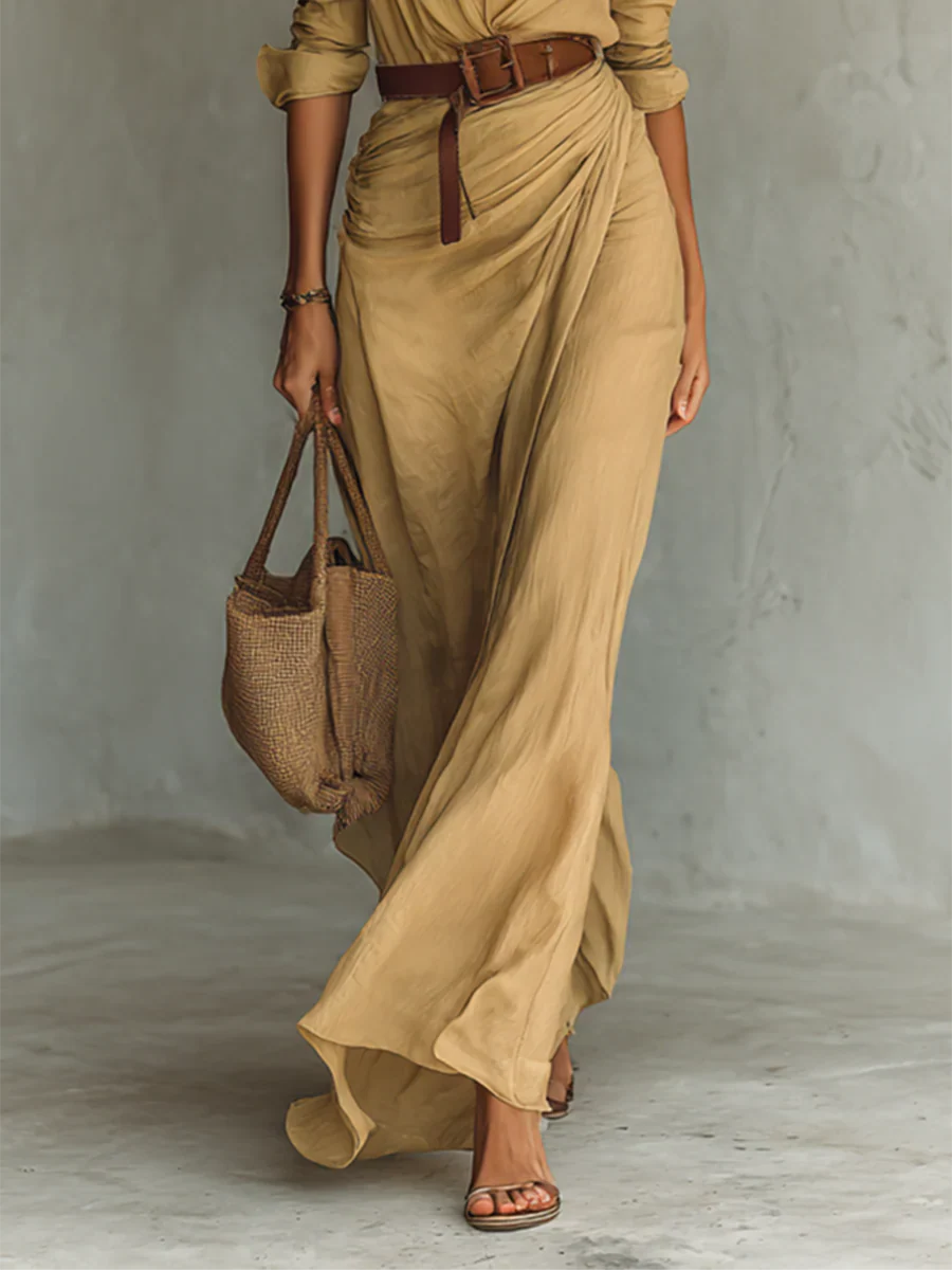 Robe Longue Élégante à Ceinture et Col Chemise