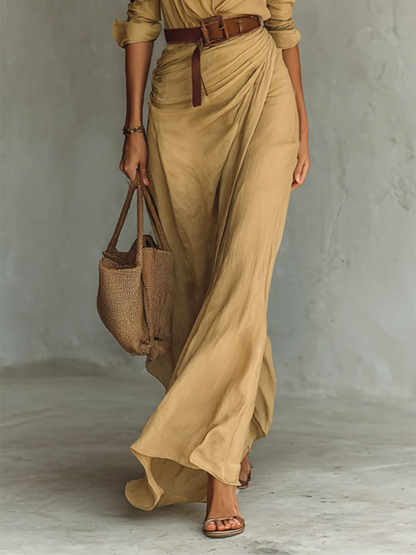 Robe Longue Élégante à Ceinture et Col Chemise
