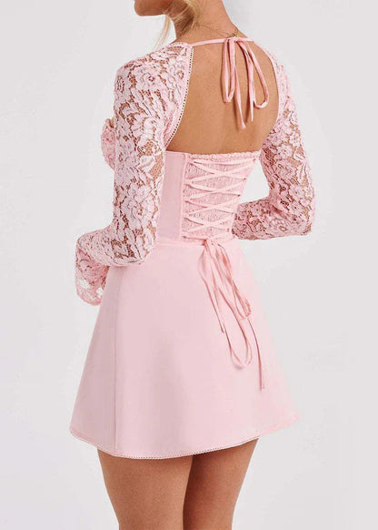 Robe courte rose à manches longues en dentelle, dos lacé, style élégant femme