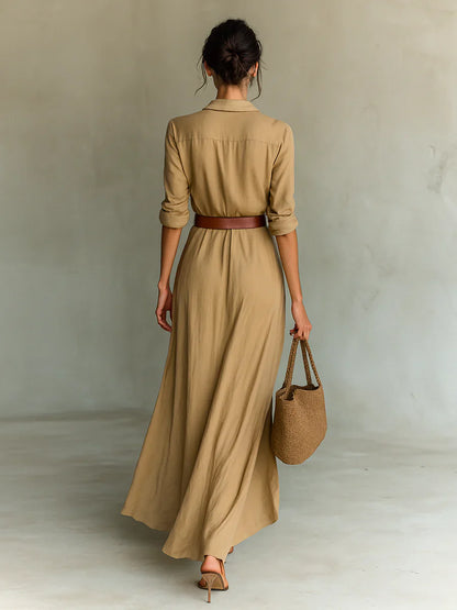Robe Longue Élégante à Ceinture et Col Chemise